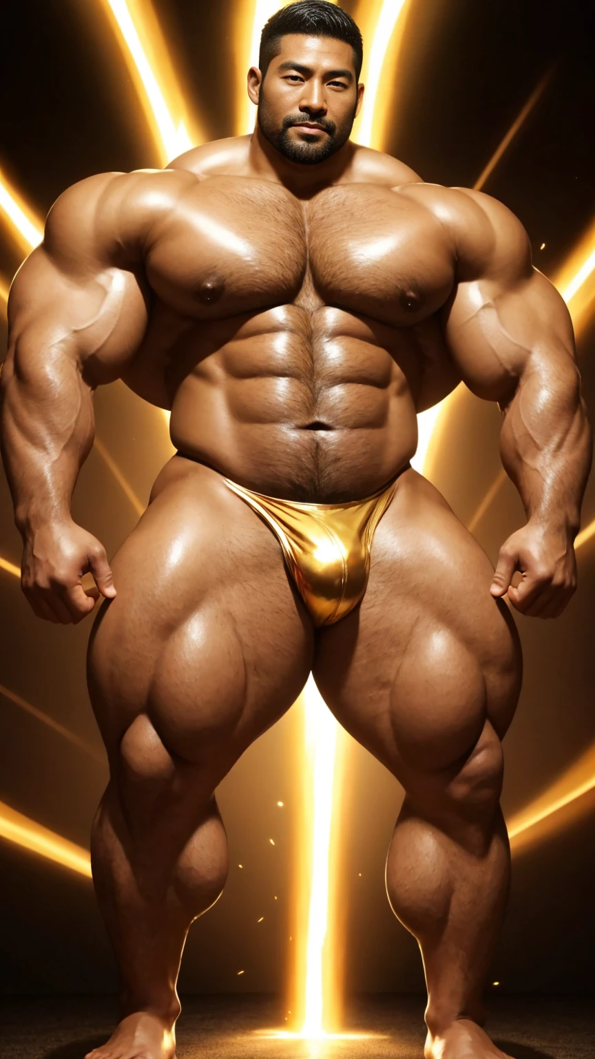 There is only one handsome Asian actor in the photo,35 years old,High target, Fitness,short hair, O-Shaped Beard,Perfect body, Dark skin color,Radiant Skin,Smooth skin,Shiny, shiny skin,Smooth pectoral muscles,No chest hair,No body hair,Muscle bulge, muscular, Very large pectoral muscles,Very sexy abdominal muscles,Very well-developed leg muscles,Huge concave and convex area,Brightens oily skin,Wearing a shiny gold leather thong,Handsome face,Normal human toes,Correct and accurate male body proportions,Superhero style,Golden Energy,Gold Theme,Energy surrounding, Light particle effects, dusk, electricity,Dynamic poses,Multiple light points surrounded by energy,Golden Energy ,Golden flame,,Gradient sky, magic。