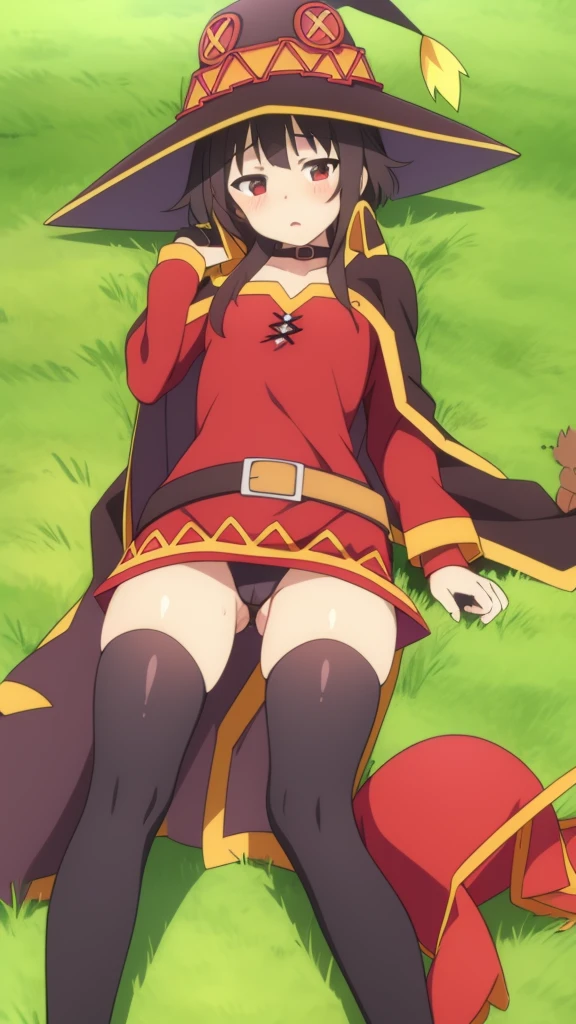 Megumin, blushing, tender, -yeld aprance, small breasts, lying on the ground, Pussy visible