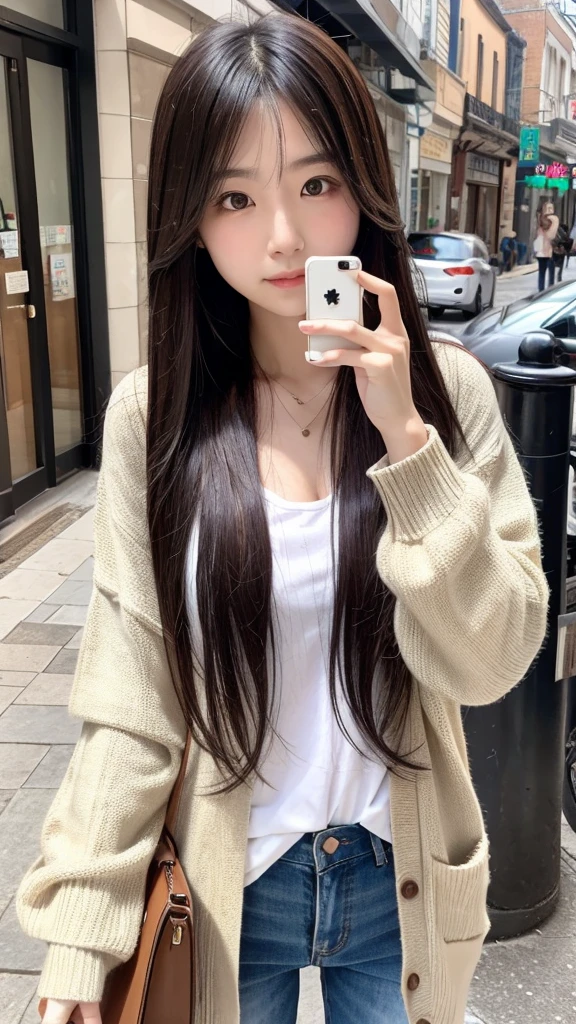 long hair、In town、Selfie、cardigan