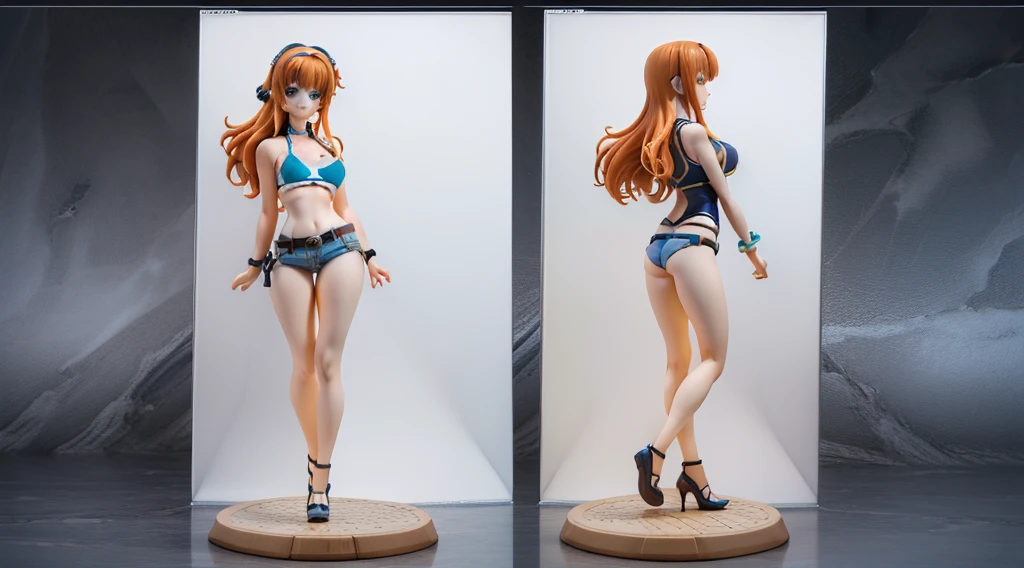 ((Best Quality)), ((Masterpiece)), (((detailed character sheet, frontal view, side view, three quarter view))) white background、one piece、whole body、whole bodyイラスト、whole bodyアニメーション、whole bodyリファレンスシート、denim、Tank top、High heels、Swimwear、bikini、original、New World、Long Hair、Orange Hair、Tattoo on left arm、Ring belt、Heighten your head、smile、Cute face、Narrow waist、Long legs、Beautiful feet、9 heads body、beautiful lady、small head