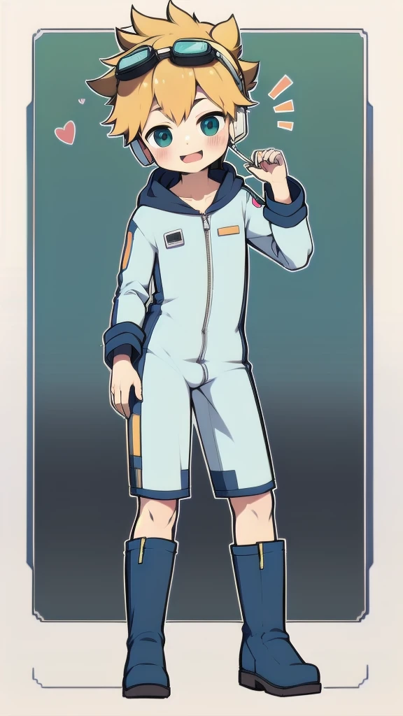 2D Boy Shota，One-piece mountaineering suit，Slim, healthy body，Put the headphones on your head，stand up，goggles，happy，Sailor collar，tie，Zipper pulled down，boots，hood，strap，Hip thrust