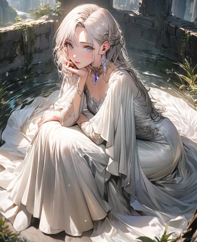 8K,gal,an extremely delicate and beautiful,Beautiful and realistic skin,Shiny jewel-like earrings,Long silver hair,beautiful eyes,full body,head to toe,beautiful regs,long dress,fance