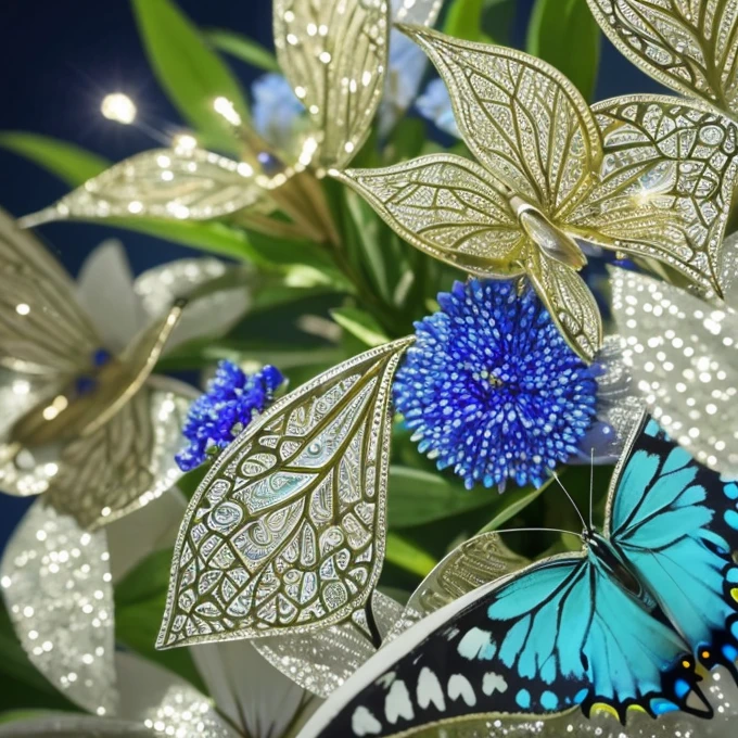 The background is greenblue,moon light,All expressed with jewels, the arrival of spring, various beautiful cherryblossoms
, Beautiful lapis lazuli swallowtail butterfly,angles looking up from below, various jewels falling from the sky, wonderful and beautiful superb view, slightly hazy, fantastic, high resolution, 8K, (best quality, highres, realistic:1.37), shiny metallic flowers, intricate and delicate petals, reflective surfaces, vibrant colors, intricate details, close-up view, surreal garden, surreal beauty, dreamy atmosphere, fine art, abstract botanicals, metallic sculpture, contrasting textures, ethereal glow