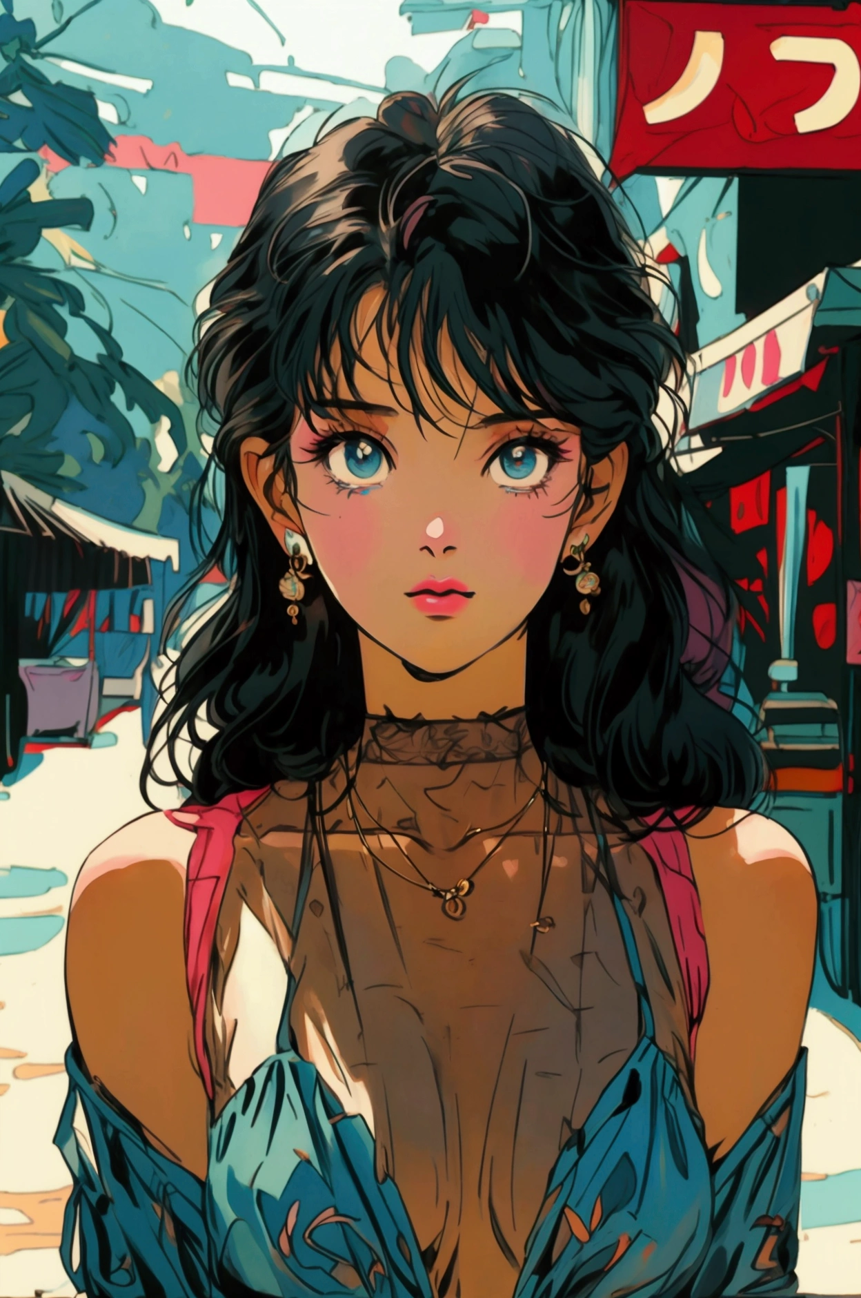 A retro girl(Lovely:1.3 points),(Eighties:1.4 points),(Retro Hong Kong style:1.3 points),whole body,High heel,Showa manga,1990s animation style,seaside,Bikini,Antique Jewelry,Black long hair,earrings,necklace,blue eyes,Cleavage,,Bare arms,Hongkong,High heel,clavicle,Pink lips,Off-shoulder tops,黑色necklace,Bangs,Street scene in the 1980s,(Gray tone:1.2)