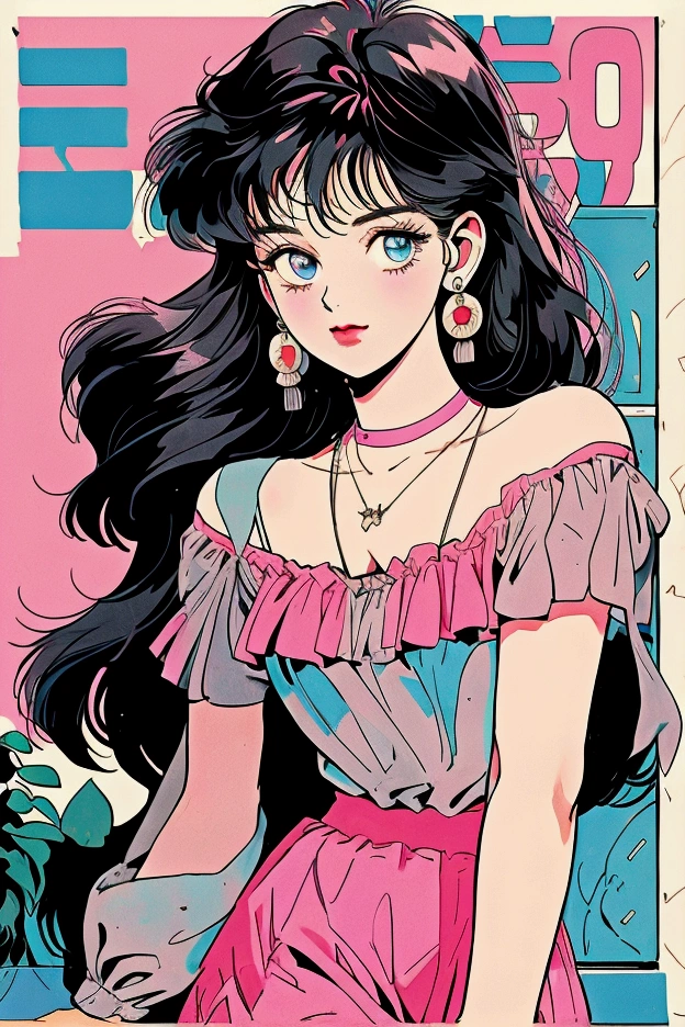 A retro girl(Lovely:1.3 points),(Eighties:1.4 points),(Retro Hong Kong style:1.3 points),whole body,High heel,Showa manga,1990s animation style,seaside,Bikini,Antique Jewelry,Black long hair,earrings,necklace,blue eyes,Cleavage,,Bare arms,Hongkong,High heel,clavicle,Pink lips,Off-shoulder tops,黑色necklace,Bangs,Street scene in the 1980s,(Gray tone:1.2)