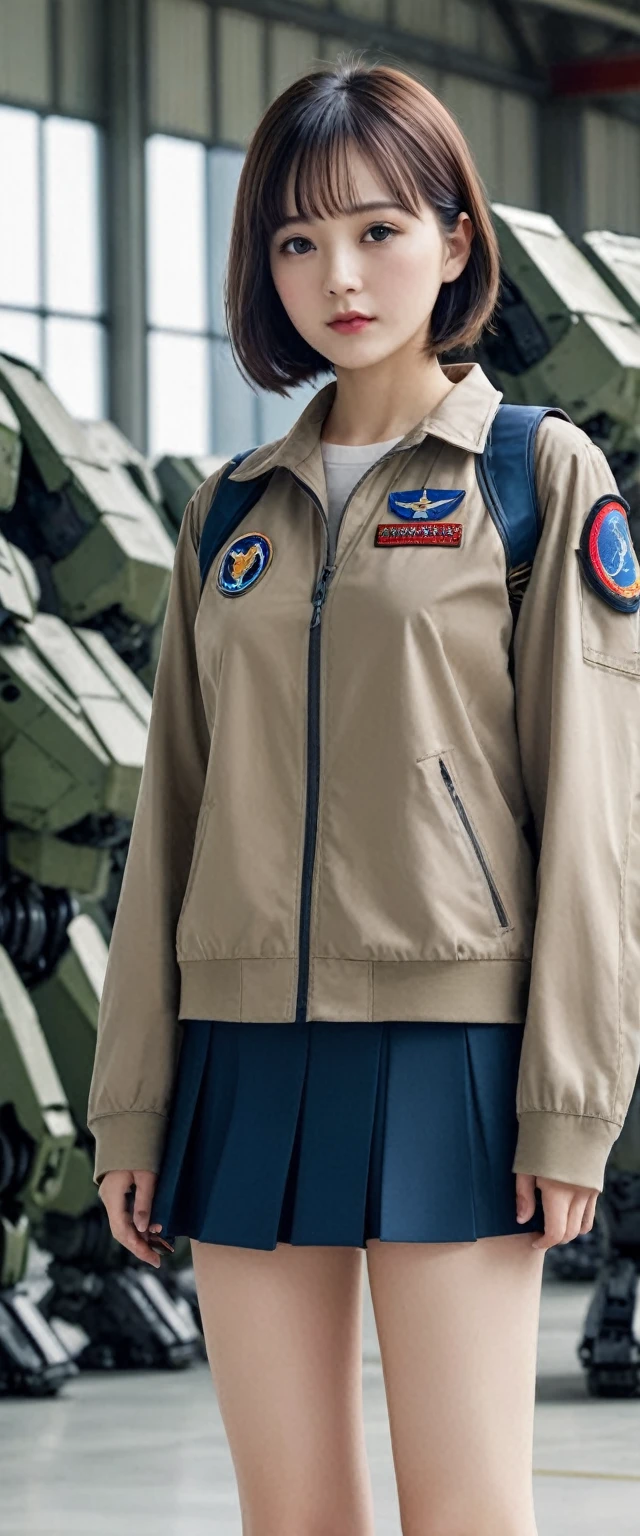 ((A girl wearing a camouflage Army military uniform)),(full body),((the girl has very very short hair style:1.68)),((bangs)),((the girl is 15 years old)),(the girl has abnormal ultra extra gigantic huge breasts:1.98),(the girl's each breast is more than the nineth times size of the girl's head:1.98),feminine,((baby face:1.37)),((very cute face:1.37)),((small nose,slim waist,small hip)),brown hair, smooth hair, smooth skin, ((big double eyelid eyes)), ((brown eyes)),((At the Air Force Base)),((Cutting-edge Ultra-high Giant Combat Robots are lined up behind the girl:1.37)),