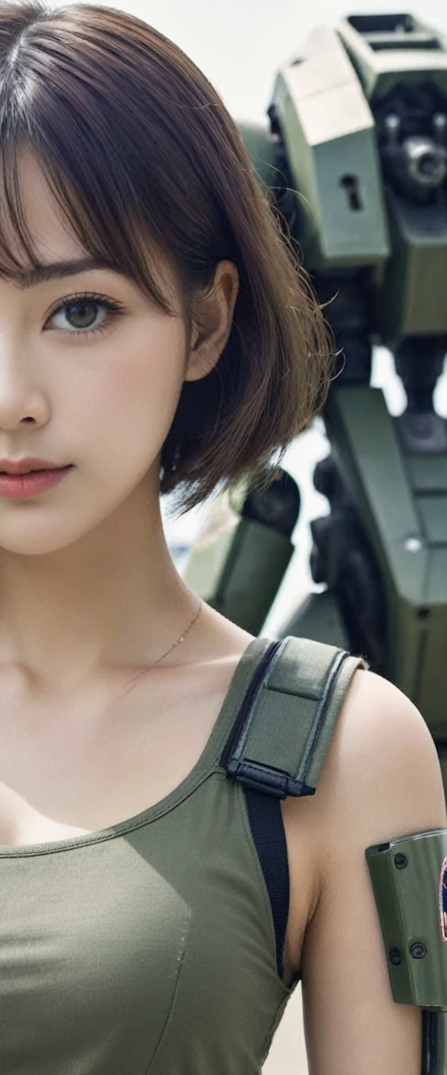 ((A girl wearing a camouflage Army military uniform)),(full body),((the girl has very very short hair style:1.68)),((bangs)),((the girl is )),(the girl has abnormal ultra extra gigantic huge breasts:1.98),(the girl's each breast is more than the nineth times size of the girl's head:1.98),feminine,((baby face:1.37)),((very cute face:1.37)),((small nose,slim waist,small hip)),brown hair, smooth hair, smooth skin, ((big double eyelid eyes)), ((brown eyes)),((At the Air Force Base)),((Cutting-edge Ultra-high Giant Combat Robots are lined up behind the girl:1.37)),