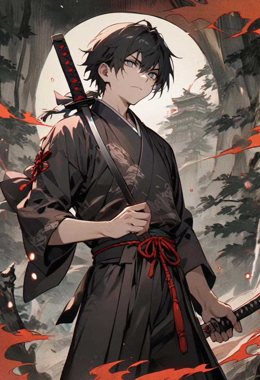 young man with calm face ,Male Dark, dark Woods,Red & Black colors, pale eye, samurai dnd, ronin background, hold katana in right hand