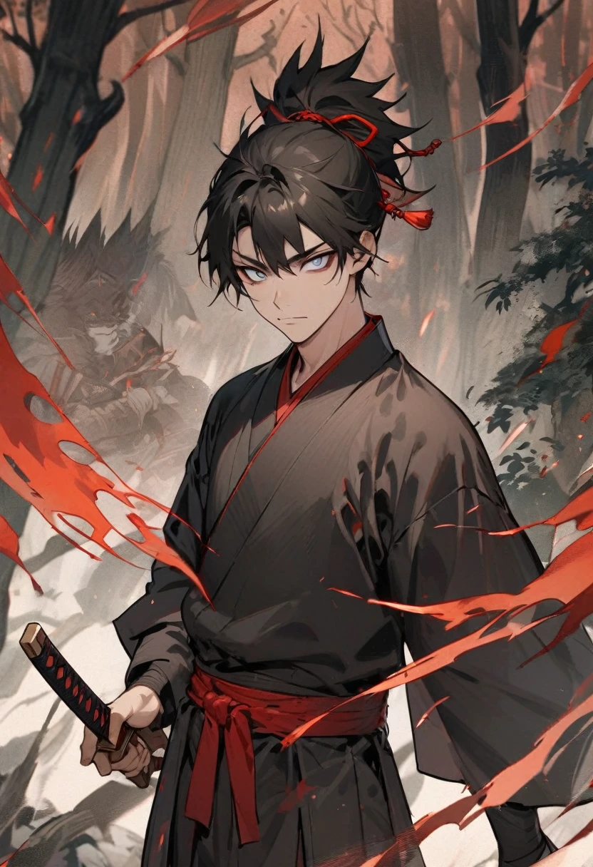 young man with calm face ,Male Dark, dark Woods,Red & Black colors, pale eye, samurai dnd, ronin background, hold katana in right hand