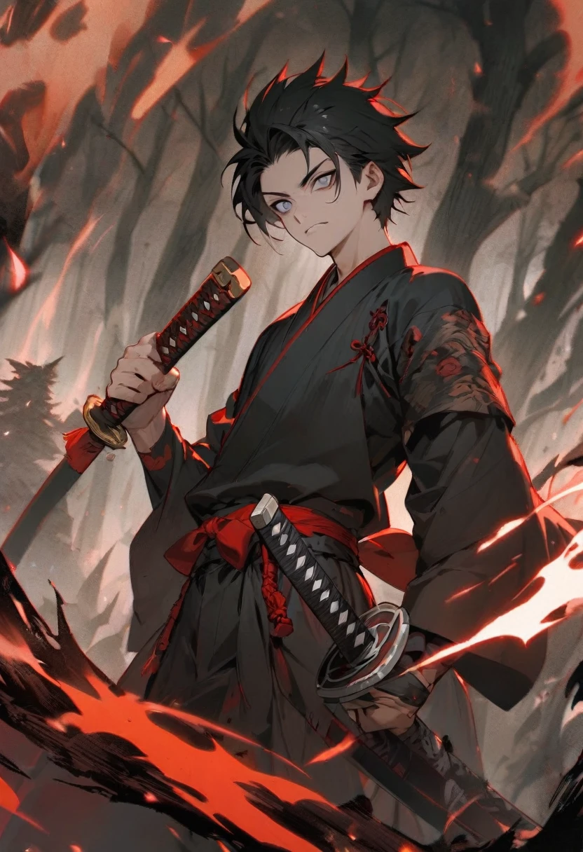 young man with calm face ,Male Dark, dark Woods,Red & Black colors, pale eye, samurai dnd, ronin background, hold katana in right hand