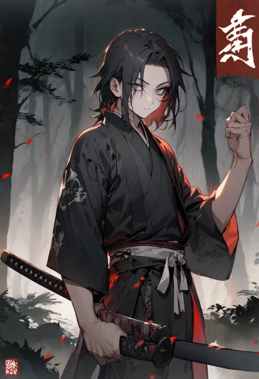 young man with calm face ,Male Dark, dark Woods,Red & Black colors, pale eye, samurai dnd, ronin background, hold katana in right hand