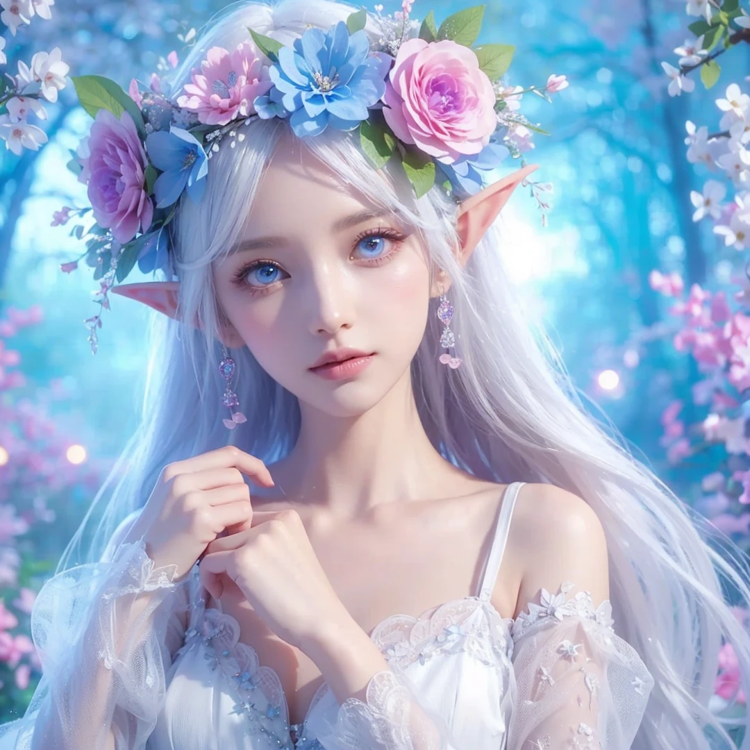 beautiful woman, white hair, white eyes, wearing pink and light blue flower crown, wearing white dress, elf ear, "surrounded by light blue, pink, and purple light, magic forest background