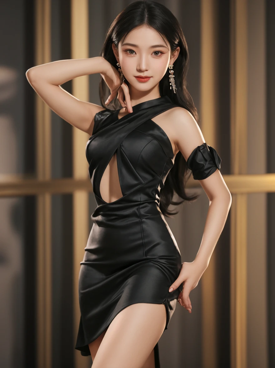 (8k, 4k, best quality, highres:1.2), (masterpiece, realistic, photo-realistic:1.37), 1girl, solo, beautiful face, detailed eyes, long hair, narrow waist, (white skin, large breasts, looking at viewer:1.2), (extremely fine complexion:1.2),
ultra detailed 8k cg, super model, super idol, perfect face, mature female, sexy dress, revealing clothes, on stage, stage lights, spotlight