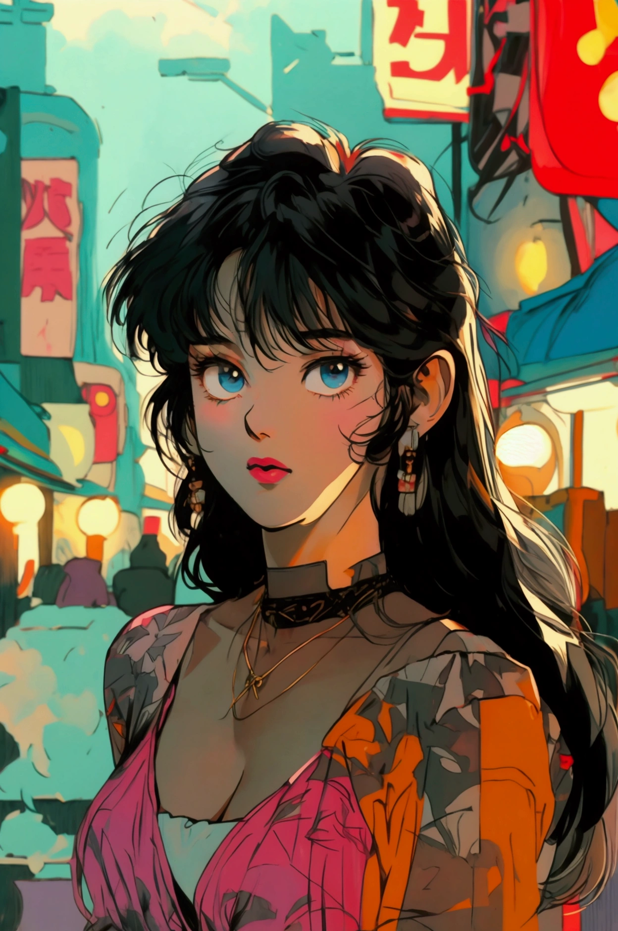 A retro girl(Lovely:1.3 points),(Eighties:1.4 points),(Retro Hong Kong style:1.3 points),whole body,High heel,Showa manga,1990s animation style,Antique Jewelry,Black long hair,earrings,necklace,blue eyes,Cleavage,Retro long skirt,Bare arms,Hongkong,High heel,clavicle,Pink lips,Off-shoulder tops,黑色necklace,Bangs,Street scene in the 1980s,(Gray tone:1.2)