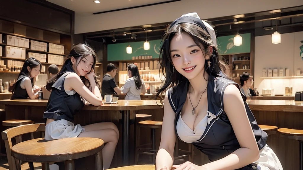 
((((((((Emphasize cleavage))))))))
((((((((A female  in a sexy white sleeveless sailor uniform))))))))

(((((((お洒落でcuteInside the Starbucks store)))))))
8K、RAW Photos、Highest quality、Super detailed、Super Resolution、Ultra HD、8K壁紙、Amazing details



(((((((Inside the Starbucks store)))))))、
((((((Sit down and eat cake、Drink Starbucks coffee、smile))))))、((Heart Necklace))




Modern and sleek design：Interior design using natural materials、Many of the designs are warm and made using wood and metal.。
Large windows：自然光をたっぷり取り入れるためのLarge windowsがあり、Providing a bright and open space。
Green Interior：Potted plants are effectively placed、It creates a relaxing atmosphere。
artwork：Works by local artists、Starbucks-related art on display。
Cozy seating：Cushioned chairs and sofas、Bar sheet etc.、A variety of seating options available。
Open kitchen area：Being able to see how drinks and food are made、We provide peace of mind and transparency。
Unique lighting：Antique lamps and chandeliers、Modern lighting fixtures are used。
Comfortable background music：Relaxing music is playing、A comfortable space is provided。
Wide々Table space：一人でもグループでも使いやすいWide々There is a table with。
Community Table：There is a large table where you can socialize with other customers.。
Seasonal decorations：The decorations are themed according to the season.。
Design with a local feel：The design incorporates the local culture and characteristics.。
Fragrance production：コーヒーの香りが店内にWideがり、A space that satisfies the five senses has been created.。
Conversation with a barista：フレンドリーなConversation with a baristaが楽しめるカウンターエリアがあります。




8K、RAW Photos、Highest quality、masterpiece:1.2、Super detailed、Super Resolution、Ultra HD、8K壁紙、Amazing details、Photorealistic:1.4、Having fun by the water、Full Body Shot、Full body photo、High-resolution RAW color photos、Professional photos、A scene full of emotion、Very detailed and beautiful、Ultra HD、8K壁紙、Amazing details、Huge file sizes、Highly detailed beautiful girls、Highly detailed face Highly detailed eyes、Extremely realistic skin、 Highly detailed fingers, Highly detailed nose, Highly detailed mouth, Perfect Anatomy, Highly detailed background, Highly detailed clothing, Teen, cute女の子, Famous Japanese Idols, cute, Realistic body, Slender, White skin, Glowing Skin, Slim body, Realistic Face, Delicate eyes, double eyelid, 





