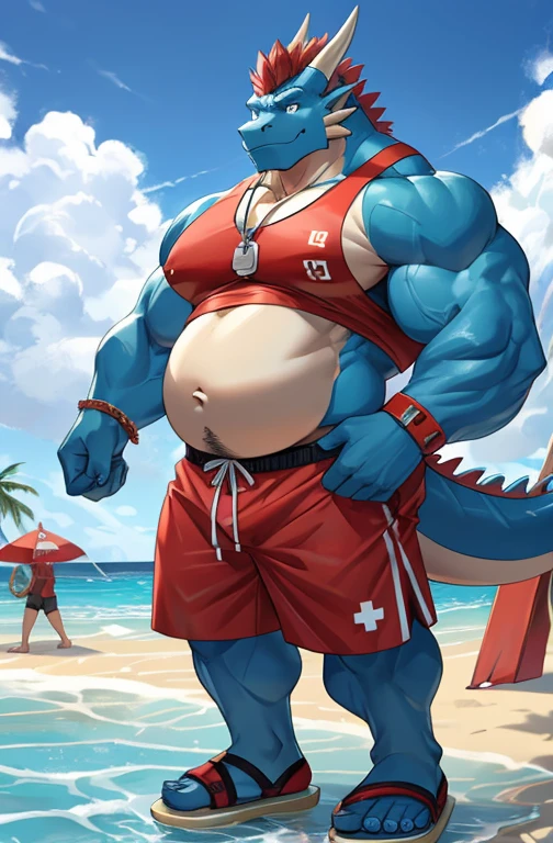Big buff embarrassed blue cartoon dragon with a humongous ginormously oversized inflated beige stomach, high blue, white eyes with black pupils, big oversized bellybutton, light blue back, lifeguard tank top overhanging on top of his huge stomach, green necklace with dragon tooth, shocked look on his face, high pink blush, spiky red mohawk hairline, red arm necklace, huge ginormous muscular build with gigantic nipples, body hair across his chest and oversized stomach, water droplets all over his muscular body, one hand holding his giganticly oversized stomach, red lifeguard shorts, sandals, standing on a beach resort in a ready to fart position and farting out a huge enormous light green toxic gas cloud coming out of his butthole behind him