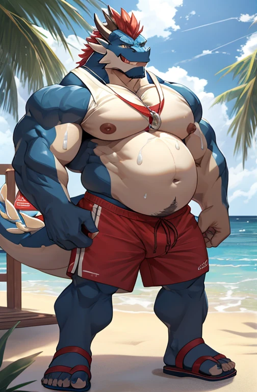 Big buff embarrassed blue cartoon dragon with a humongous ginormously oversized inflated beige stomach, high blue, white eyes with black pupils, big oversized bellybutton, light blue back, lifeguard tank top overhanging on top of his huge stomach, green necklace with dragon tooth, shocked look on his face, high pink blush, spiky red mohawk hairline, red arm necklace, huge ginormous muscular build with gigantic nipples, body hair across his chest and oversized stomach, water droplets all over his muscular body, one hand holding his giganticly oversized stomach, red lifeguard shorts, sandals, standing on a beach resort in a ready to fart position and farting out a huge enormous light green toxic gas cloud coming out of his butthole behind him