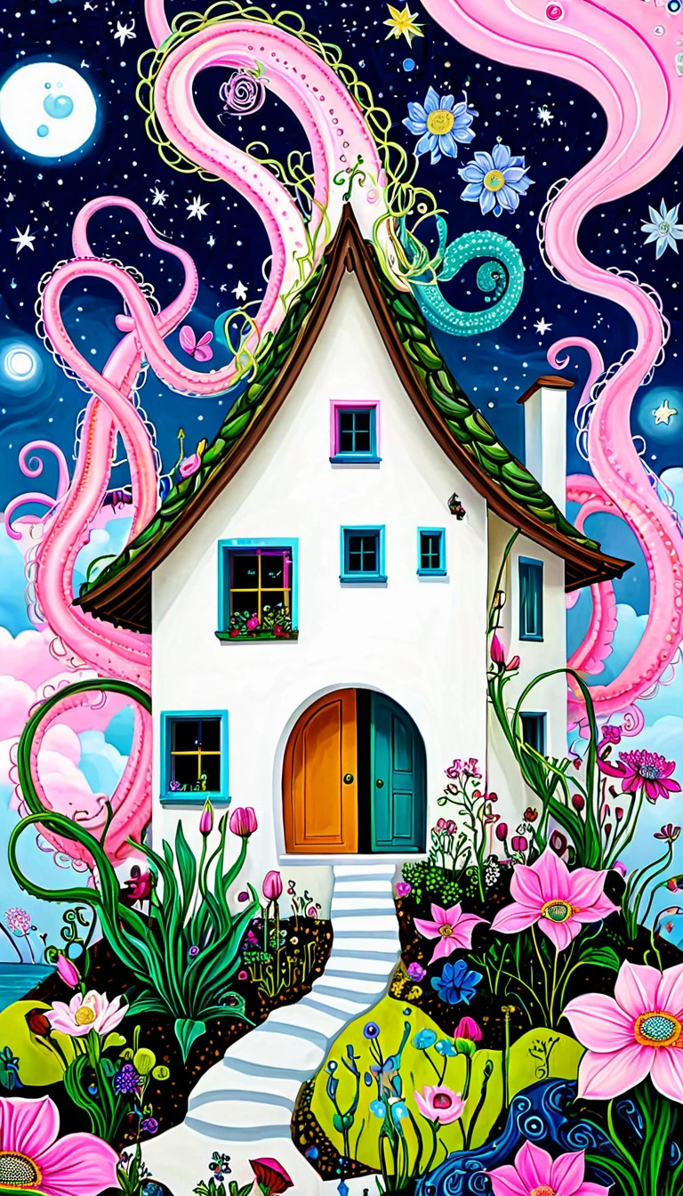 "Dick Ellescas Artist Style",house,plant,flower,Tentacles,Eye、Starry Sky,Stitching together an abstract painting,Describing the inner world of autistic people,Sense of space,White Space,interesting,Innocence,Psychedelic Art,Pink theme