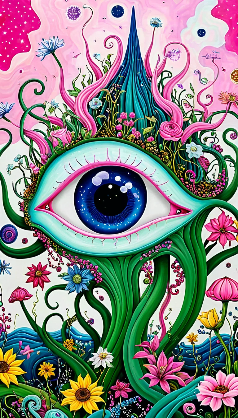 &quot;Dick Ellescas Artist Style&quot;,house，plant，flower，Tentacles，Eye、Starry Sky，Stitching together an abstract painting，Describing the inner world of autistic people，Sense of space，White Space，interesting，Innocence，Psychedelic Art，Pink theme