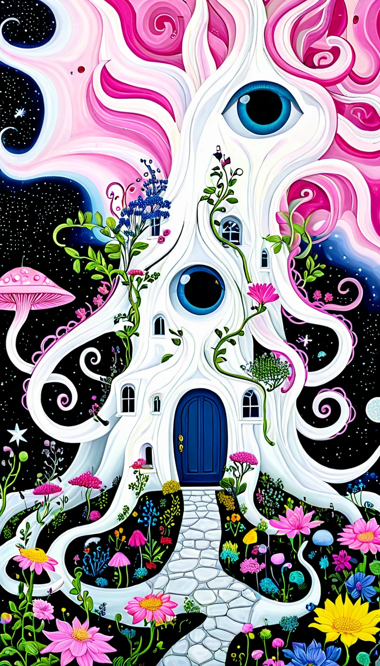 "Dick Ellescas Artist Style",house,plant,flower,Tentacles,Eye、Starry Sky,Stitching together an abstract painting,Describing the inner world of autistic people,Sense of space,White Space,interesting,Innocence,Psychedelic Art,Pink theme