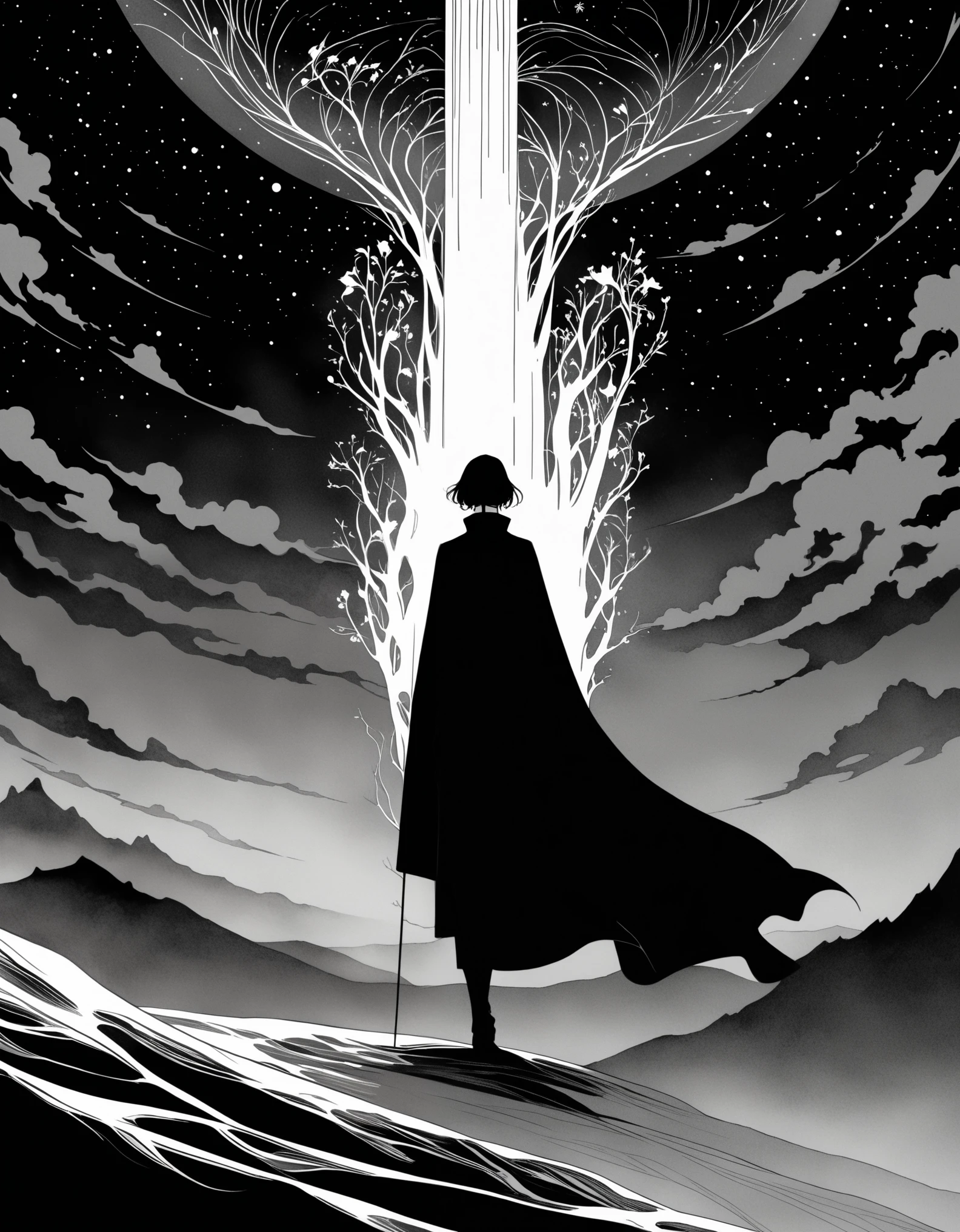 Aubrey Beardsley style,Mystery Book Cover Art, There is a lot of suspense, Dark, atmosphere, Dark "Imagine a vast desolate space,The spectral landscape unfolds from the surrounding haze, It's as if the fabric of reality has lost its color and vibrancy. Crystalline Monolith,(Smooth, Full of mysterious patterns, With magical light:1.8)Rising from the barren land like a forgotten fragment of knowledge, Casting an eerie glow across the featureless landscape, Artworks should evoke an unsettling sense of alienation, The line between nothingness and existential despair becomes blurred, Put the audience into a state of numbness and indifference.", Bright colors