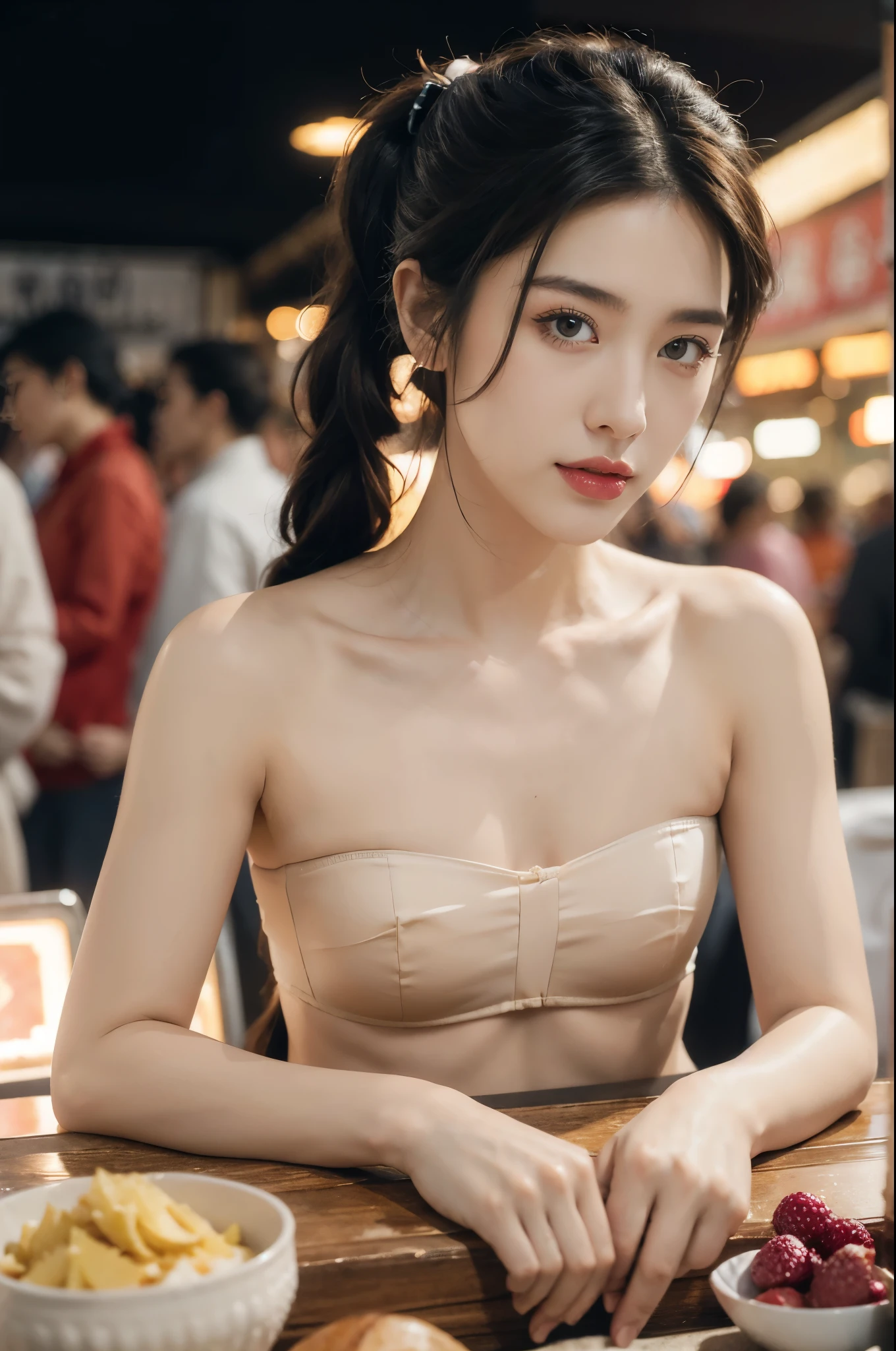 (((best quality))),(((ultra detailed))),(((masterpiece))),illustration,(1 beautiful girl,solo),(short ponytail:1.2),(strapless sheer bra:1.3),((bare shoulder,bare arms)),((slim,thin)),((small breasts,flat chest)),shopping, market, meat, bustling,early morning,bright eyes, flushed face, lively appearance, energetic, vendors, calls, wares, plastic sheets, spices, haggling, examining, cuts, beef, stall, butcher paper, scale, kaleidoscope, colors, sounds, fruits, vegetables, animated, talking, joking, background, food stall, breakfast rolls, vendor, steaming, fresh bread, butter, early hour, energy, chatting, vibrant, chaotic, community,((night scene,outdoor)),(surrounded by crowded crowds:1.3),((from front,close-up of face))