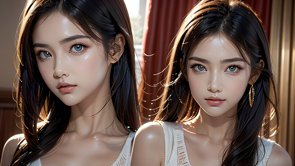 (2ung girls), (Ultra realistic, high res), (highly detailed eyes, highly detailed hair, highly detailed face, highly detailed plump lips), naked, (off shoulder), breasts, upper body, caute smile, (best quality:1.4), Raw photo, (realistic, photo-realistic:1.37), professional photography, cinematic light, (fine face: 1.2),