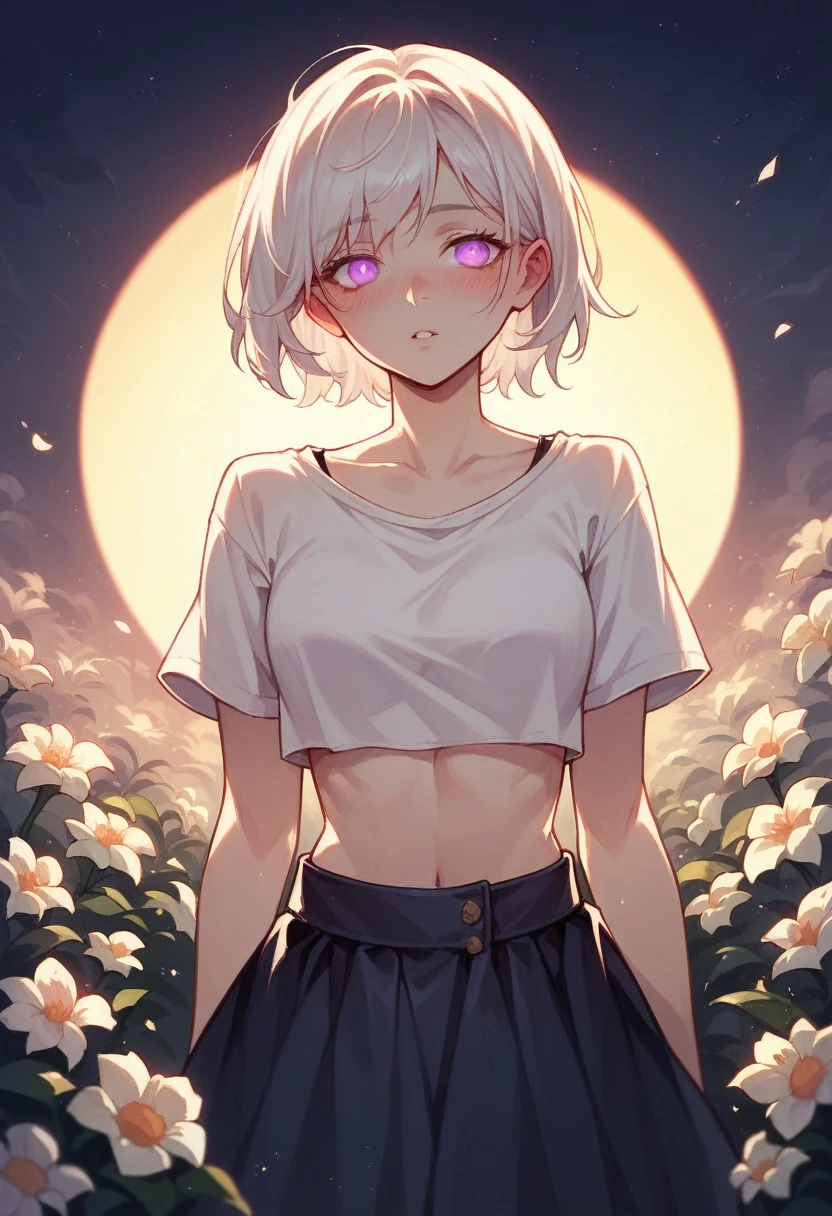 realistic, 1girl, white hair, purple eyes, glowing eyes, crop top, skirt, parted lips, blush, night, flowers, sun, sunlight,