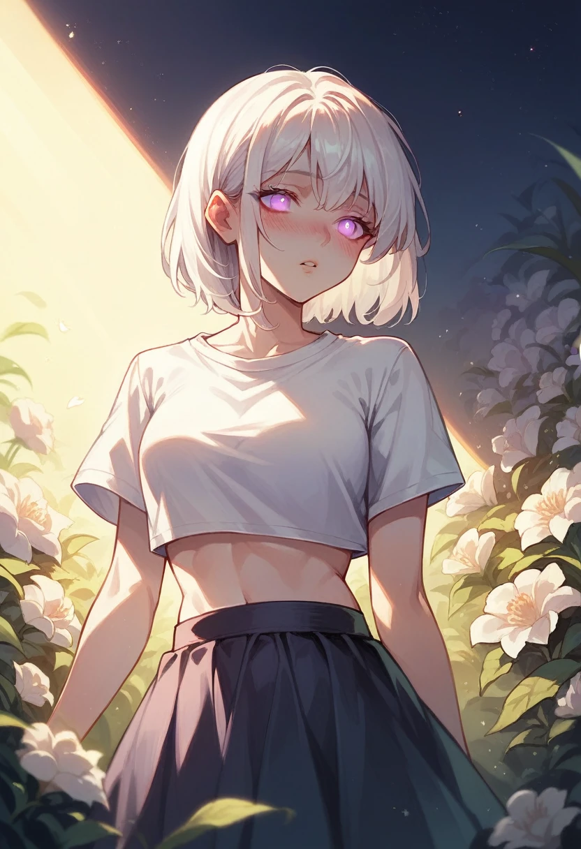 realistic, 1girl, white hair, purple eyes, glowing eyes, crop top, skirt, parted lips, blush, night, flowers, sun, sunlight,