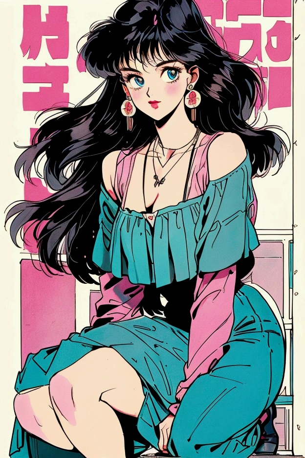 A retro girl(Lovely:1.3 points),(Eighties:1.4 points),(Retro Hong Kong style:1.3 points),whole body,High heel,Showa manga,1990s animation style,Antique Jewelry,Black long hair,earrings,necklace,blue eyes,Cleavage,Retro long skirt,Bare arms,Hongkong,High heel,clavicle,Pink lips,Off-shoulder tops,黑色necklace,Bangs,Street scene in the 1980s,(Gray tone:1.2),Large Breasts