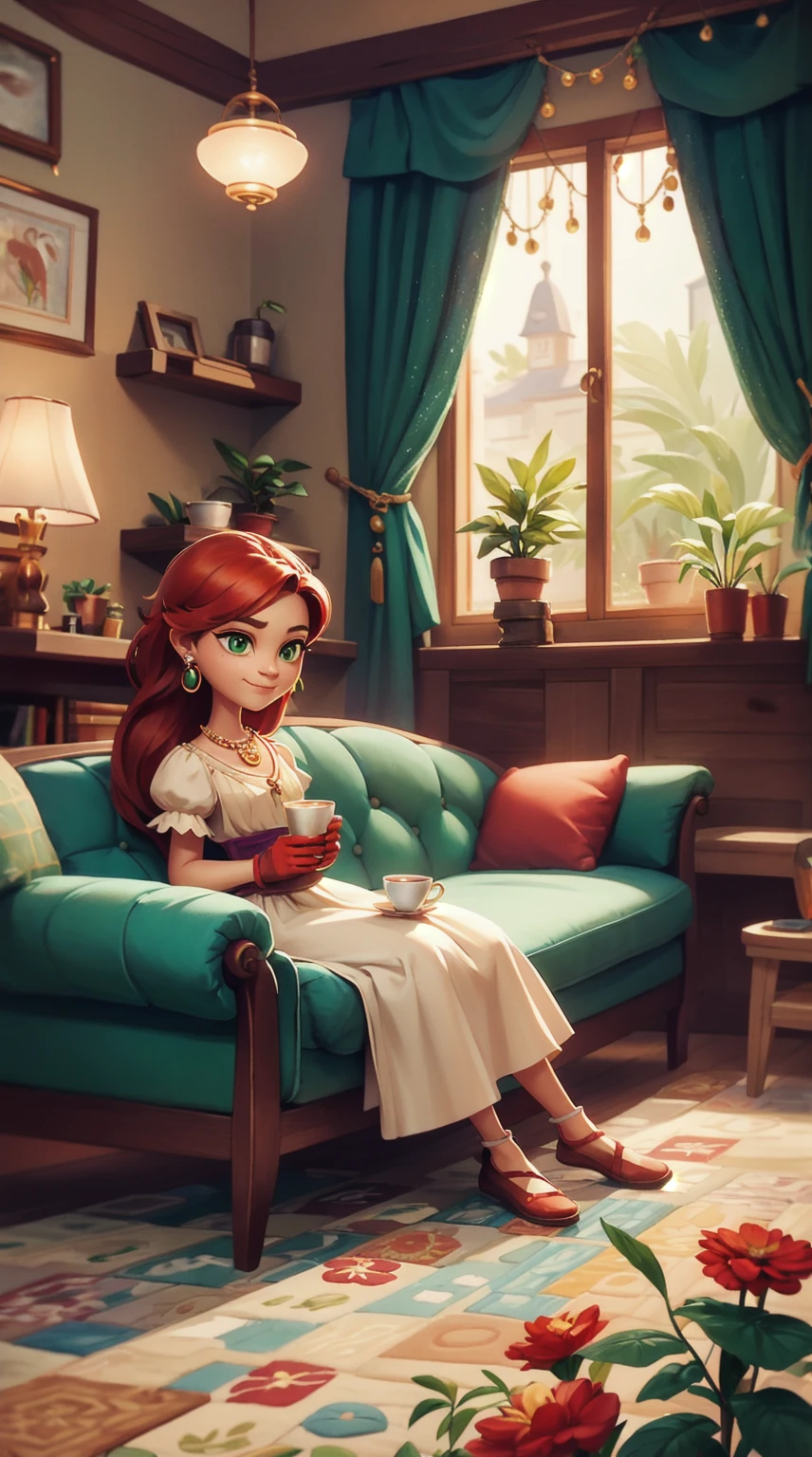 Concept Art,character illustration of a,European and American cartoons,(whole body:1.5),Mid-Long View,carpet,(Looking at the camera),shoe,一个20岁的金发女生happy的sit在living room,Holding a cup of coffee,happy,A laid-back expression,Relax,Leisure,European and American cartoons,1 Girl,freckle,Solitary,Jewelry,Green Eyes,Weaving,earrings,twin Weavings,necklace,Looking at the audience,Red hair,plant,Puff sleeves,bracelet,Smile,Long hair,puffy short sleeve,Necklace,dress,flower,Coffee cup,Gloves,earrings,Jewelry,肘部Gloves,cup,sit,sofa,window,sofa,living room,solo,Looking at the camera,Look at the audience,