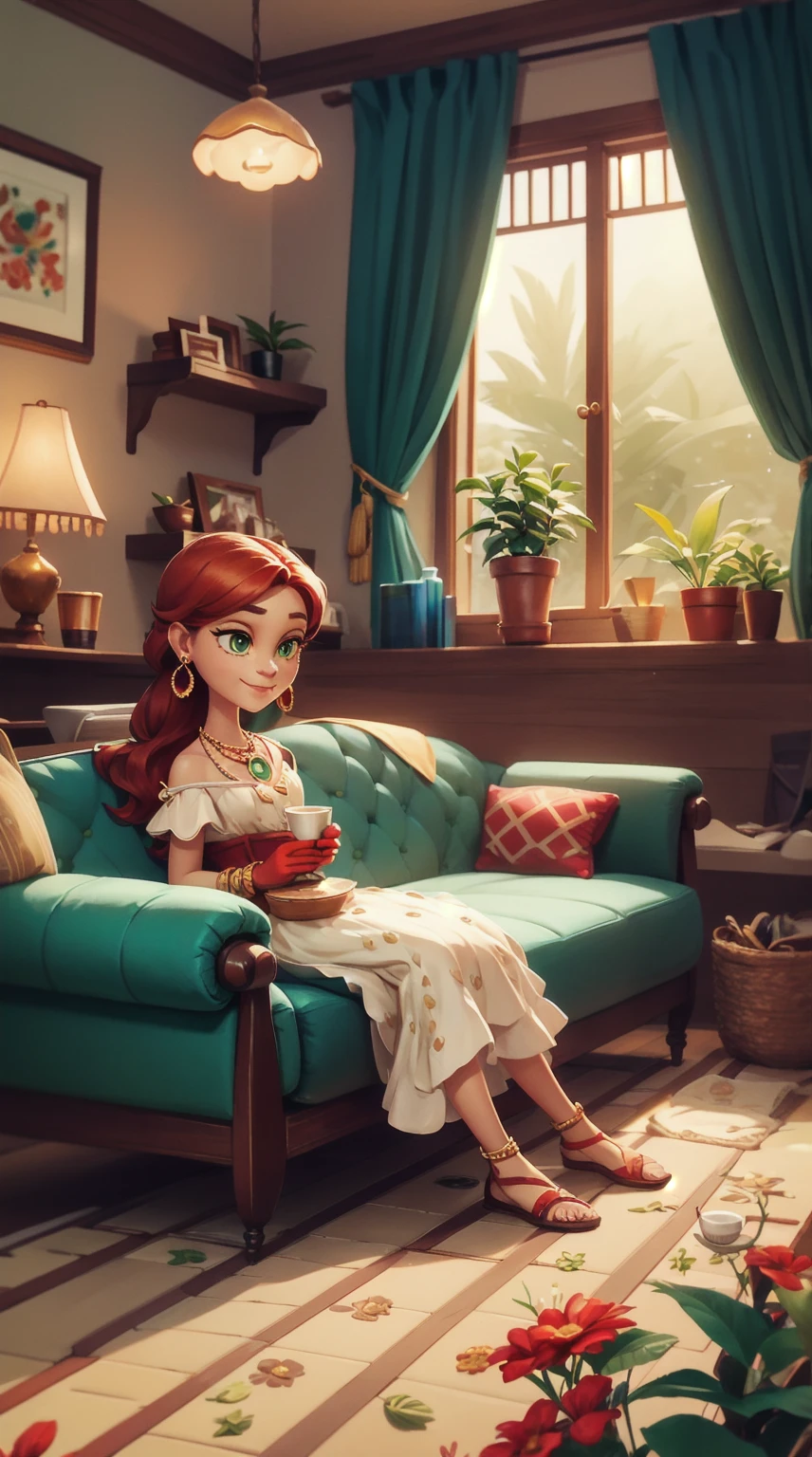 Concept Art,character illustration of a,European and American cartoons,(whole body:1.5),Mid-Long View,carpet,(Looking at the camera),shoe,一个20岁的金发女生happy的sit在living room,Holding a cup of coffee,happy,A laid-back expression,Relax,Leisure,European and American cartoons,1 Girl,freckle,Solitary,Jewelry,Green Eyes,Weaving,earrings,twin Weavings,necklace,Looking at the audience,Red hair,plant,Puff sleeves,bracelet,Smile,Long hair,puffy short sleeve,Necklace,dress,flower,Coffee cup,Gloves,earrings,Jewelry,肘部Gloves,cup,sit,sofa,window,sofa,living room,solo,Looking at the camera,Look at the audience,