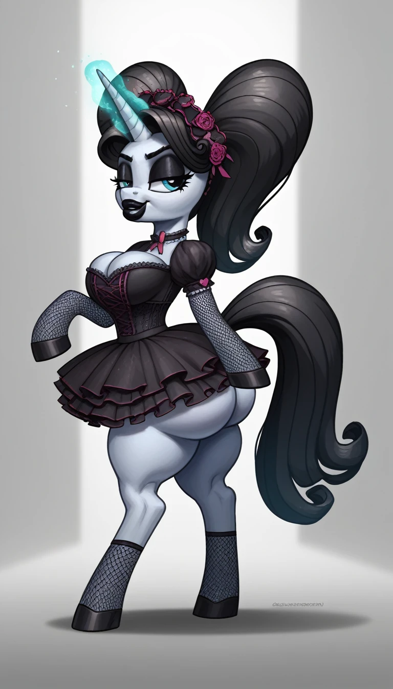 score_9,score_8_up,score_7_up,score_6_up, filly, unicorn, Gothic pony, ta goth fashion, glowing backlight, fashion show, catwalk scene, glitter, whimsical, enchanted, magical, fantasy art concept, intricate details, smug smile, large Breast Implants like a blimp, bimbo, big lips, big butt, big hips,body_keep_inflating pump_up_Body_full_up with Helium