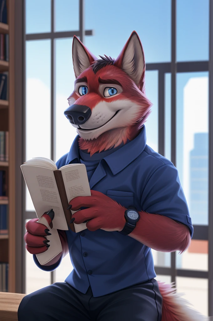 Ivan Fedorovich Wolfbach (Novosibirsk) ,tall handsome, wolf,young, 24 years, brown fur,Kind,(red body:1.3),beautiful blue eyes,Novosibirsk,dressed, shirt, purple tie, trousers,pink sandals,wolf, detailed fur, male,paw pads, finger claws,At the viewer, 5 fingers, paws, 5 fingers, smile, wrist watch, т nextel,by xenoforge, (difficult, high detail, digital photography, soft focus, RAW variety вкдущий передачи,Very close to the camera, variety,Novosibirsk, smile, good mood, positive, Very close to the camera, is sitting, poet of books, apartment, holding a pen,
Photorealism, realistic, digital style, Subsurface scattering,I look at the viewer,smdit writes a book, a glass of water, handle, paper,
masterpiece, Best quality, ultra realistic, 8 thousand.)