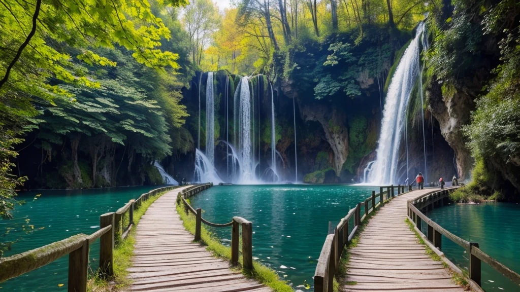 Beautiful wooden path trail for nature trekking with lakes and waterfall landscape in Plitvice Lakes