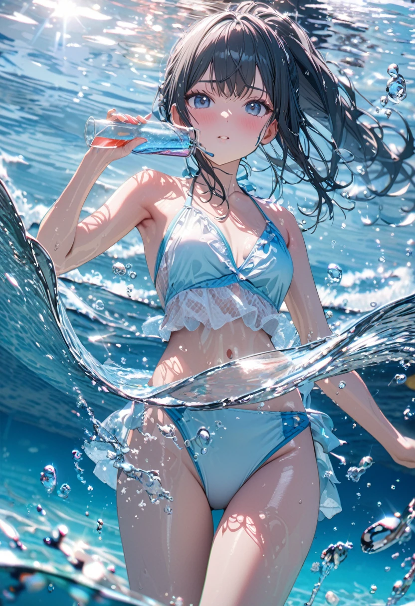 Super detailed, 8K, glass, Water in a glass, bubble, Right blue water, nice, bright,pretty girl,In the water,Swimwear