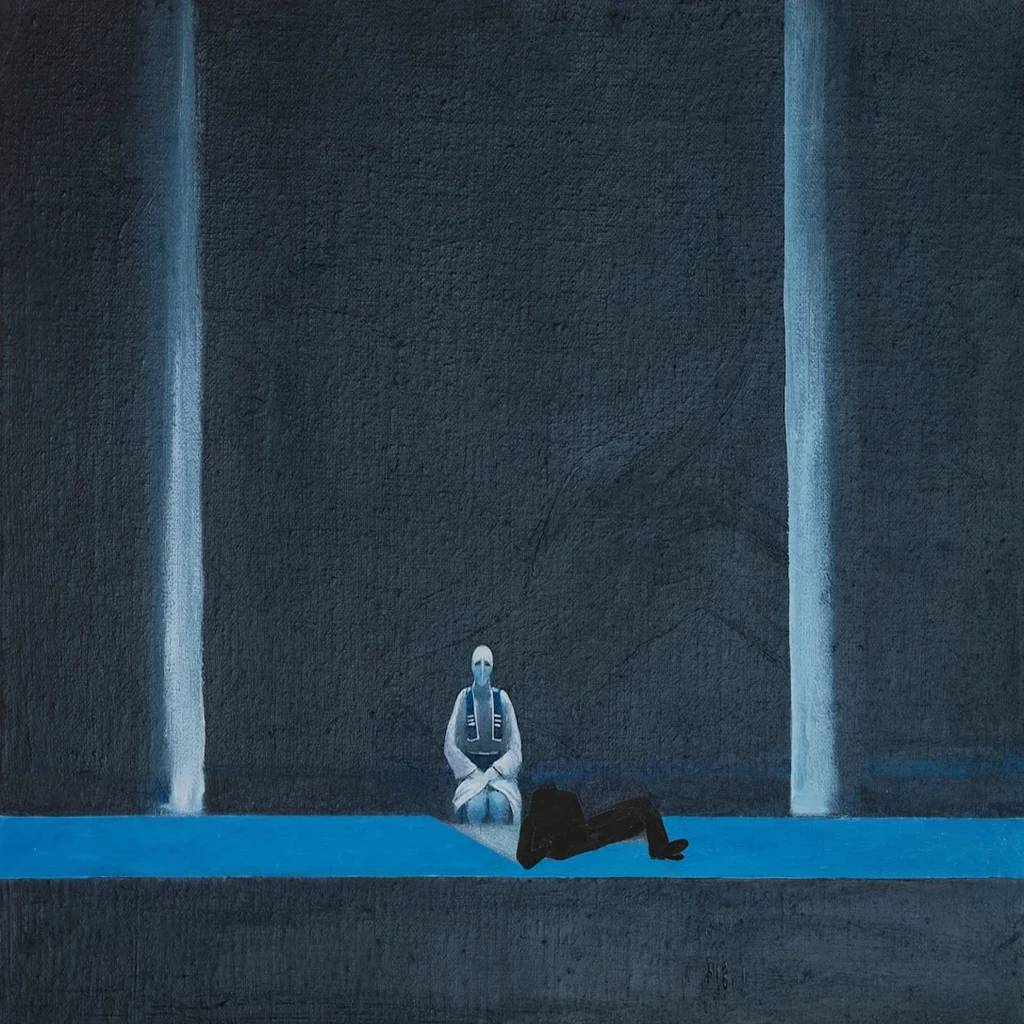 painting of a man sitting on a blue floor in front of a wall, a minimalist painting, inspired by Fu Baoshi, by Gertrude Abercrombie, minimalistic painting, minimal painting, minimalist painting, inspired by Kaigetsudō Ando, inspired by Gertrude Abercrombie, by Sohrab Sepehri, inspired by Goyō Hashiguchi