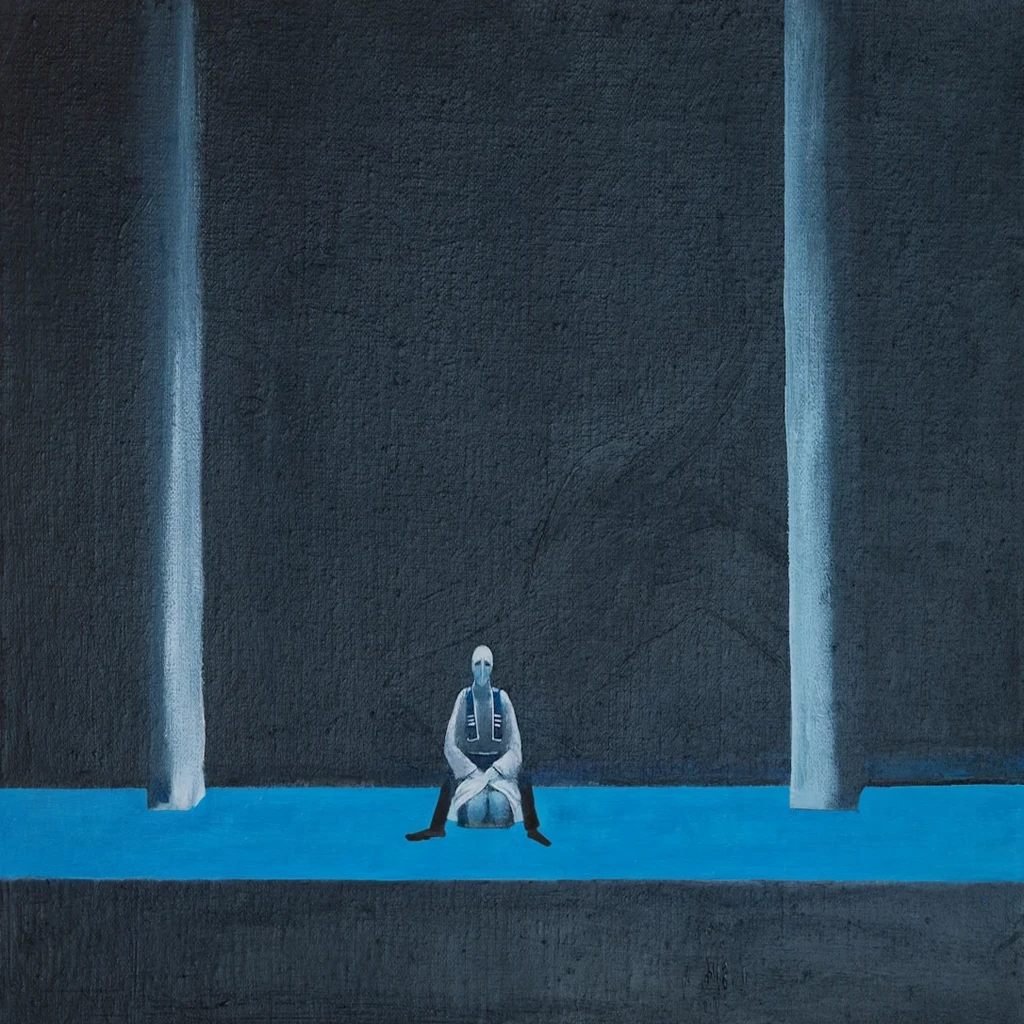 painting of a man sitting on a blue floor in front of a wall, a minimalist painting, inspired by Fu Baoshi, by Gertrude Abercrombie, minimalistic painting, minimal painting, minimalist painting, inspired by Kaigetsudō Ando, inspired by Gertrude Abercrombie, by Sohrab Sepehri, inspired by Goyō Hashiguchi