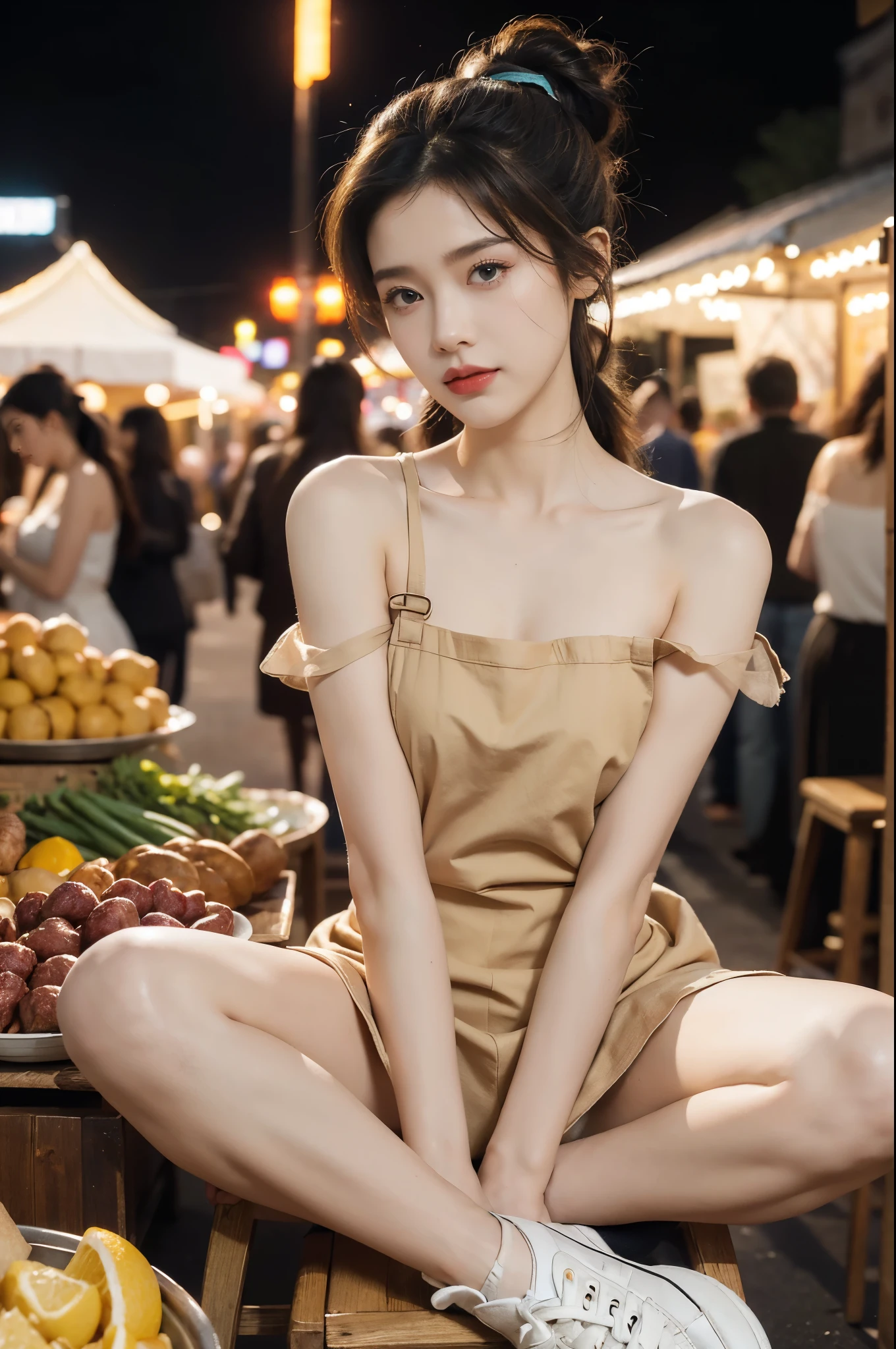 (((best quality))),(((ultra detailed))),(((masterpiece))),illustration,(1 beautiful girl,solo),(short ponytail:1.2),(sheer apron:1.2),((bare shoulder,bare arms)),((slim,thin)),((small breasts,flat chest)),((slender legs,sneakers)),shopping, market, meat, bustling,early morning,bright eyes, flushed face, lively appearance, energetic, vendors, calls, wares, plastic sheets, spices, haggling, examining, cuts, beef, stall, butcher paper, scale, kaleidoscope, colors, sounds, fruits, vegetables, animated, talking, joking, background, food stall, breakfast rolls, vendor, steaming, fresh bread, butter, early hour, energy, chatting, vibrant, chaotic, community,((night scene,outdoor)),(surrounded by crowded crowds:1.3),((sitting on a stool,arms behind back,spread legs apart)),((from front,upper body))
