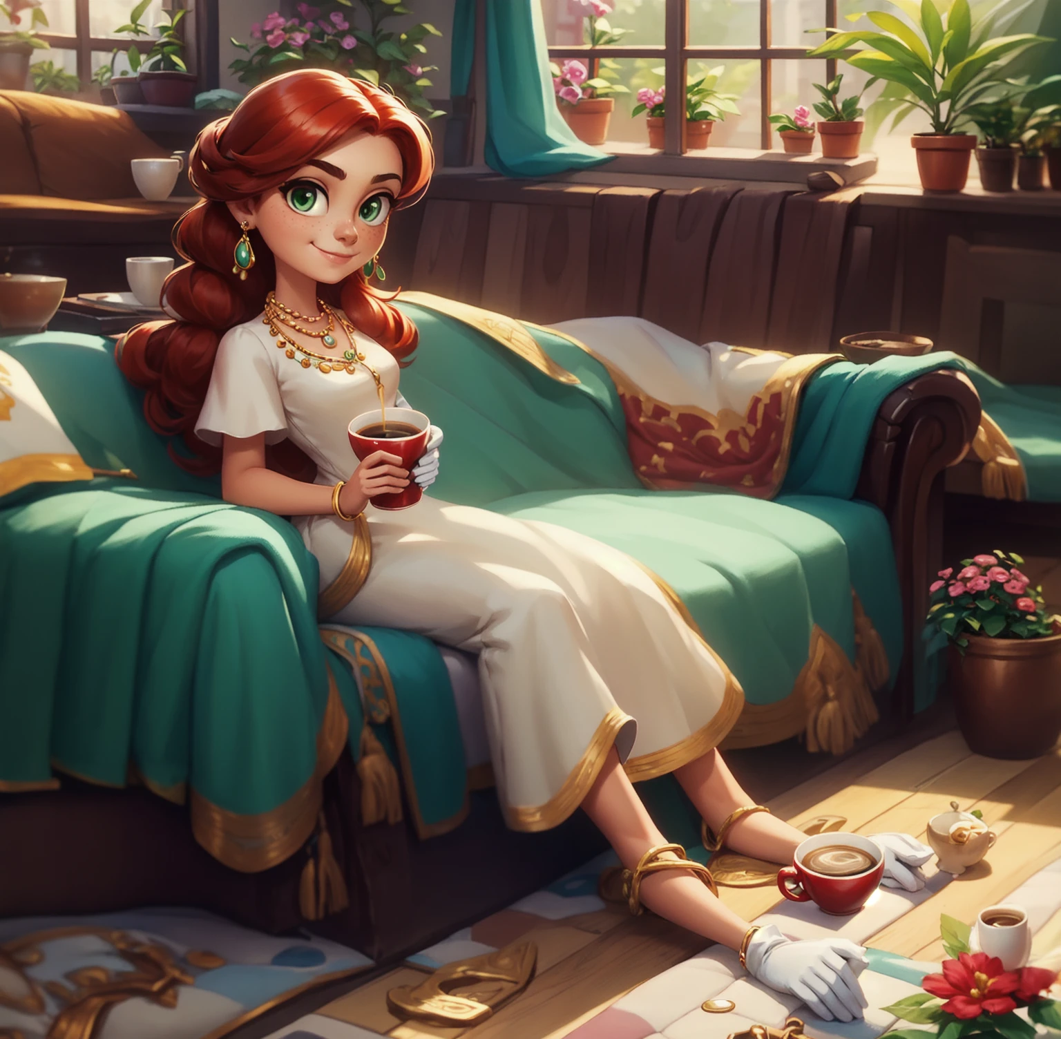 Concept Art,character illustration of a,European and American cartoons,（whole body：1.5），Mid-Long View，carpet，（Puppy lying on the floor），（Looking at the camera：1.5），shoe，一个20岁的金发女生happy的sit在living room，happy，hapiness，WeChat holding a cup of coffee，A laid-back expression，Relax，Leisure，European and American cartoons，1 Girl,freckle,Solitary,Jewelry,Green Eyes,Weaving,earrings,twin Weavings,necklace,Looking at the audience,Red hair,plant,Puff sleeves,bracelet,Smile,Long hair,puffy short sleeve,Necklace,dress，flower，Coffee cup，Gloves，earrings，Jewelry，肘部Gloves，cup，，sit，sofa，window，sofa，living room，solo