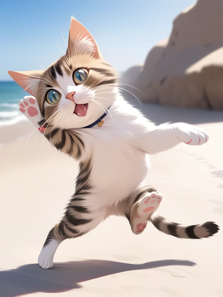 The background is a bright and wide beach, Realistic cat gymnastics、Dynamic Movement, personification, Very realistic cat