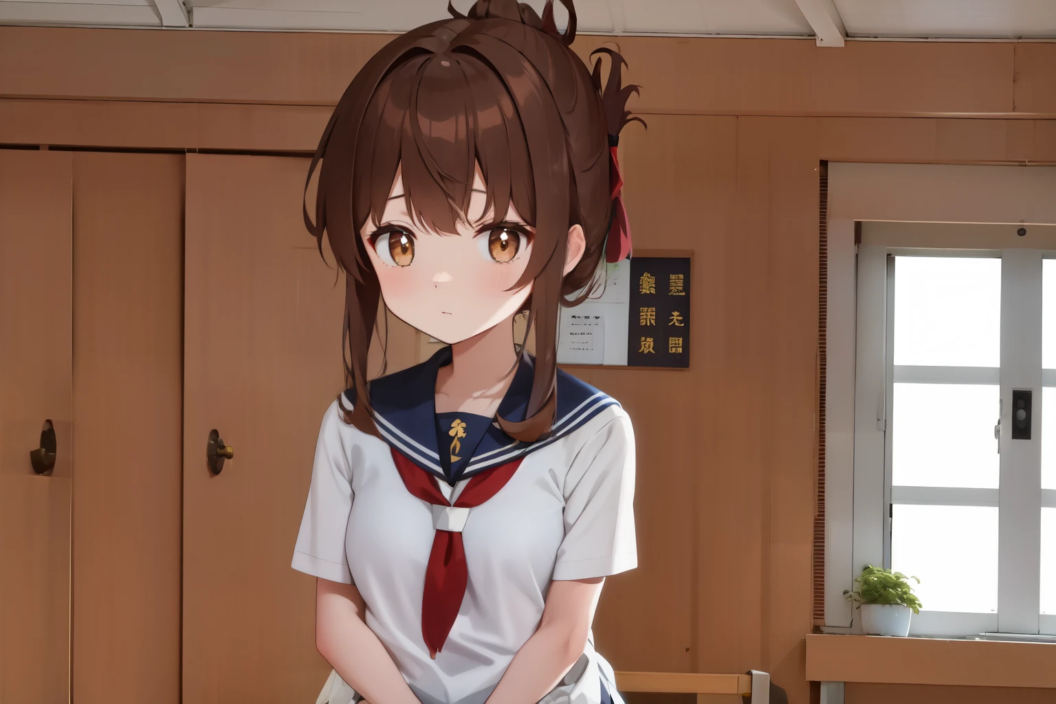 A female student in a sailor uniform sitting on the floor of the gymnasium and watching a physical education class because she feels unwell,(masterpiece, best quality:1.2),illustration,8K,HD,1girl,独奏,upper body,(portrait:1.2),brown_hair,folded_ponytail,brown_eyes,serafuku,long_hair,school_uniform,skirt,pleated_skirt,