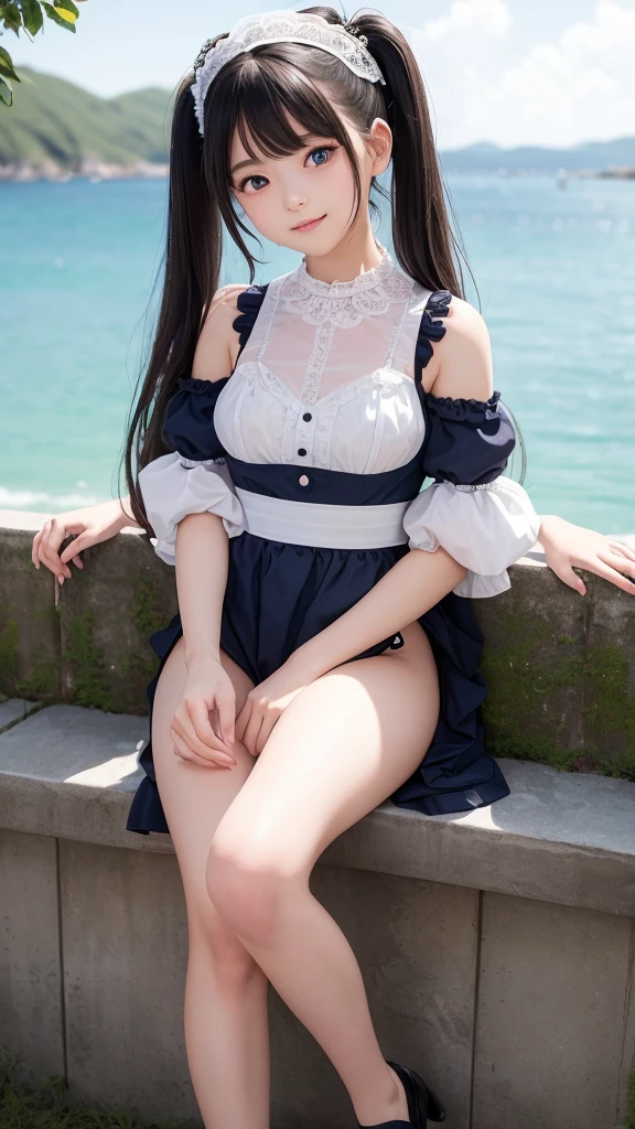 ((masterpiece)), ((highest quality、Ultra high definition)), (Very detailed),8K、Photo quality、((Amazingly cute girl)),((())), Two people, , (Beautiful emerald blue eyes), ((smile)),In the open-air bath overlooking the sea, Beautifully arranged black hair in twin tails、whole body、Cute lolita maid stylimsuit))、Professional Lighting、(White lace knee-highore detailed and beautiful)、(More details and cutenesore realistic)、(((Just wear light clothing)))、プールではしゃぐ、