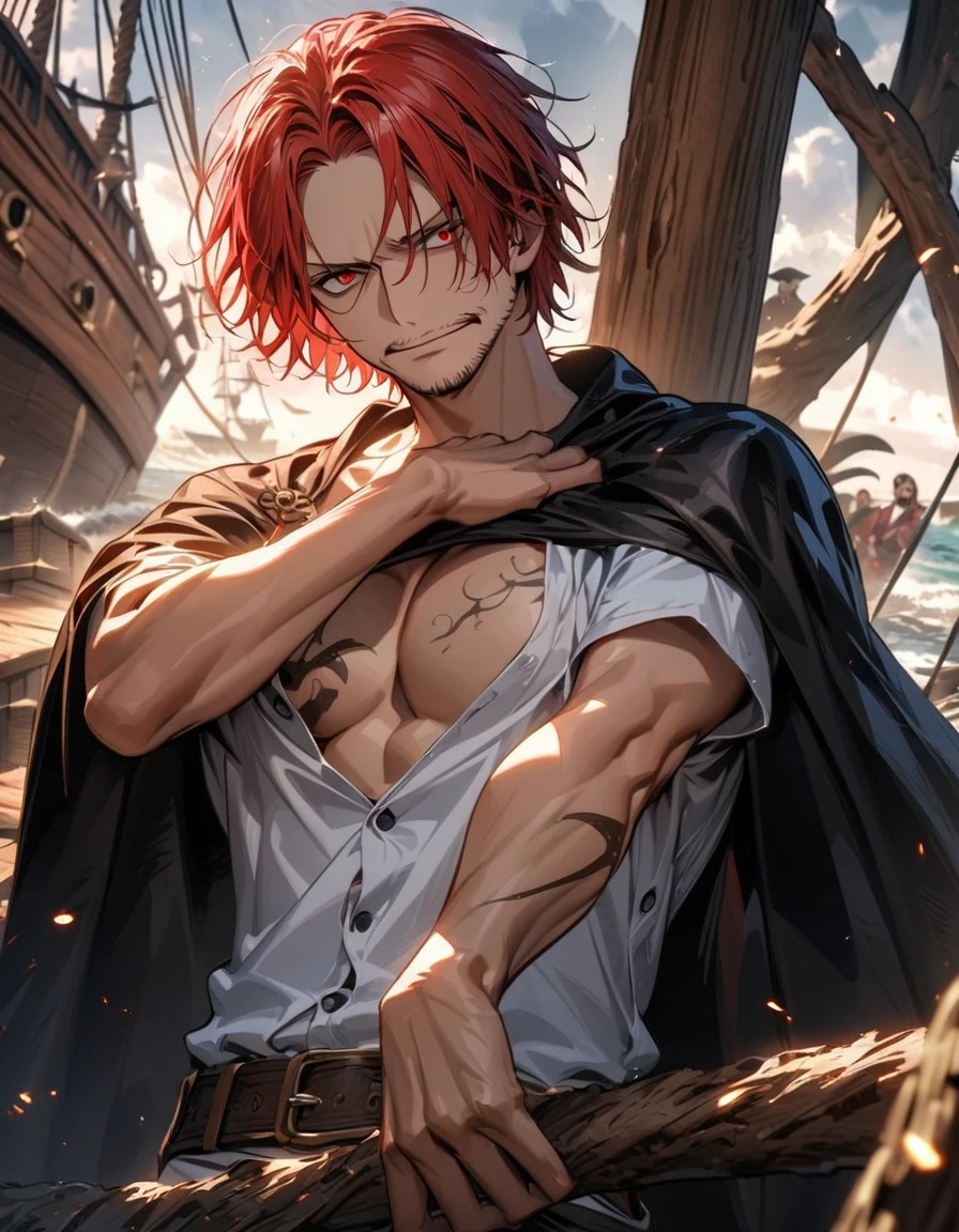 absurdres, highres, ultra detailed, HDR, masterpiece, extremely detailed face and eyes, Shanks, red hair, expressive red eyes, One Piece, solo, man, handsome, black cape, white shirt, showing the chest, pirate ship, blodd around the wood, only one arm that is right arm