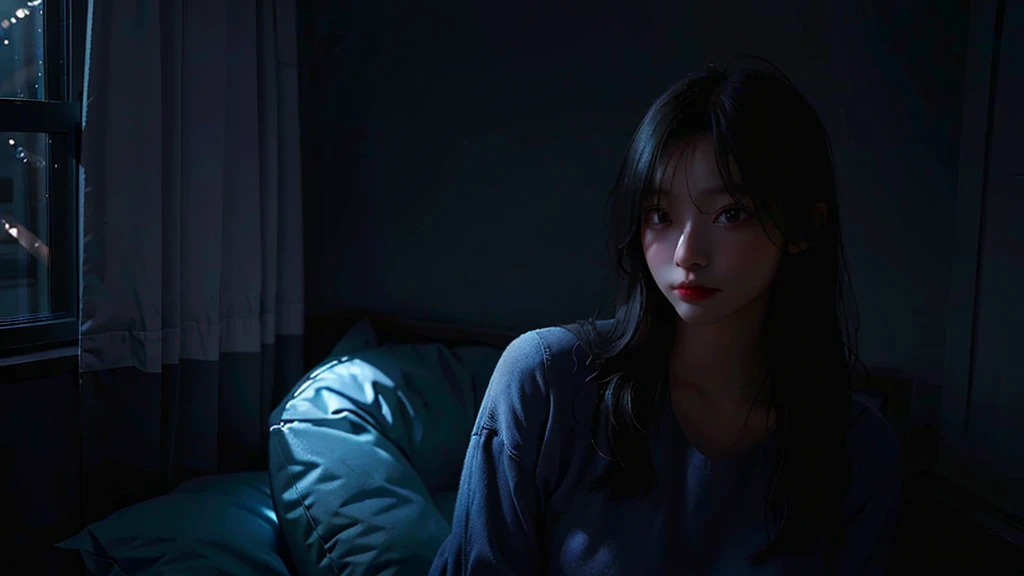 (photo-realistic:1.3)
(1girl), (30yo), mature, (blue room:1.1), (rim lighting:1.3), (dimly lit:1.3), (dark night:1.3), indoors, long hair,
masterpiece