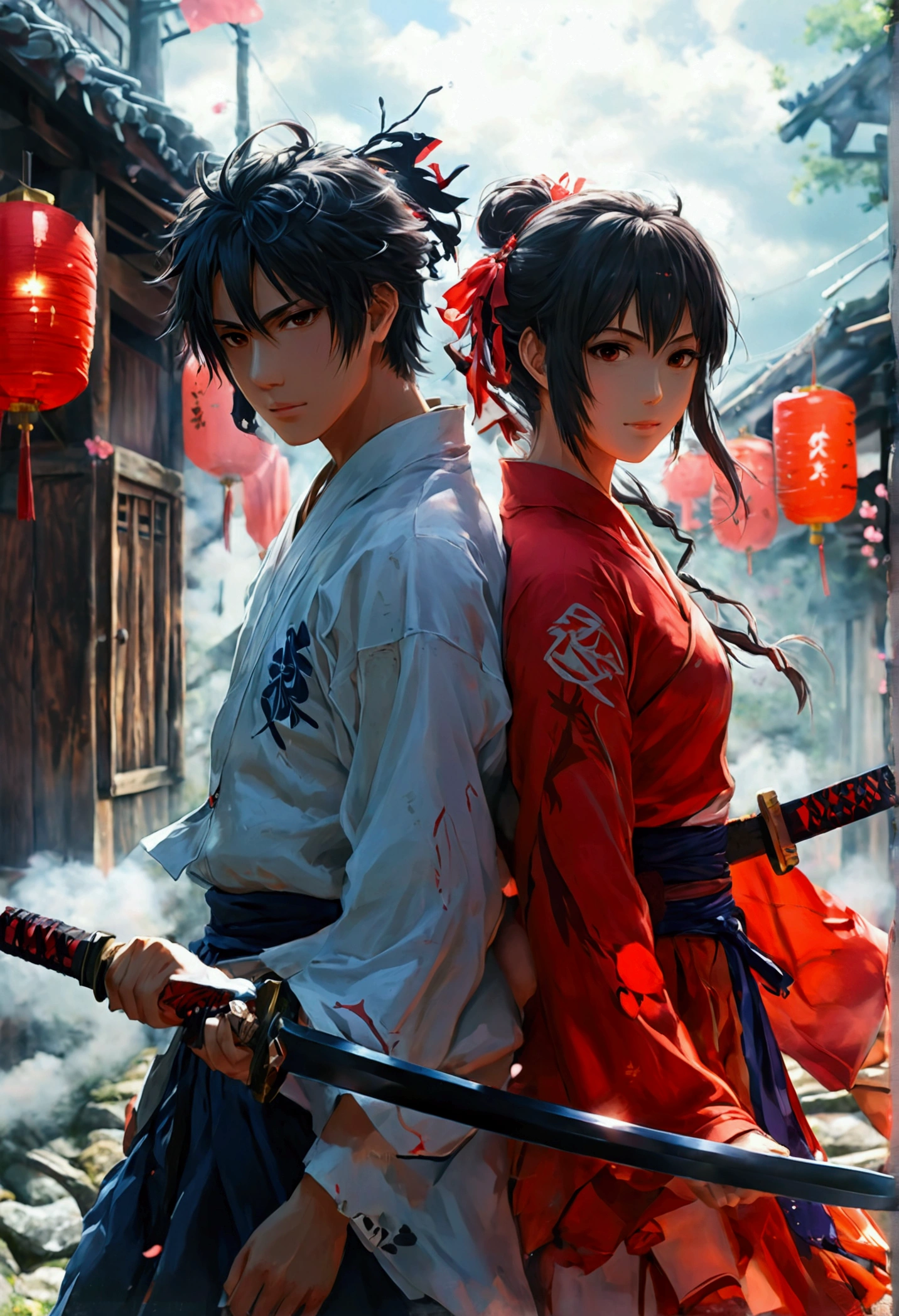 Anime couple holding swords and clothes in the wind, Yandere, Chikanemoto Village, Yandere. Kaohsiung, Gapmoe Yandere, Zelokan Art, New Art, Zelokan, Received by Masanobu Okumura (Masanobu Okumura) High-quality fan works inspired by, Anime style, Japanese Anime style, They are brothers and sisters, Anime styles such as Fate/overnight, Shota, exist