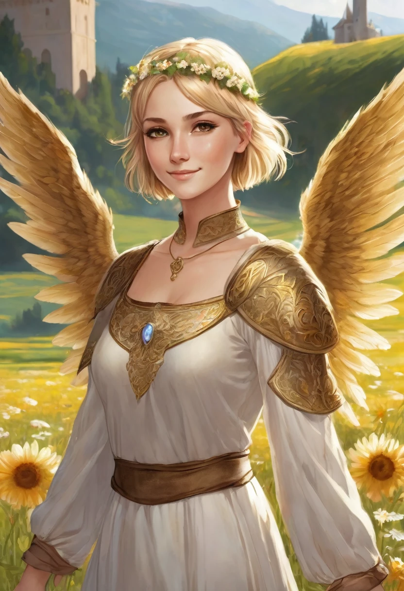1 female angel, italian face, fantasy, young adult girl, she is wearing brown cheap medieval clothes, she has blond short bobcut hair, she has gold gemstone eyes, she is smiling, white flowers field in background, fantasy, she has one angelic big wing white, very flat chest
