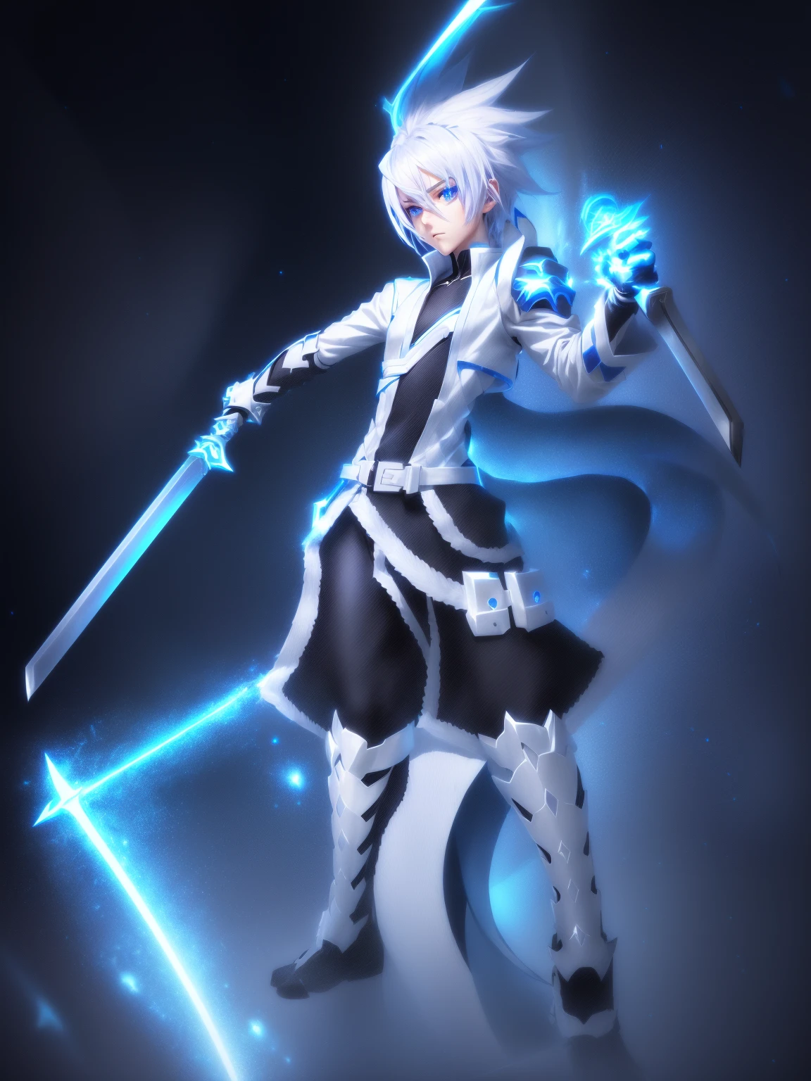 sketches of a drawing of a androgynous young boy with 2 swords, Kilua from hunter x hunter, an anime drawing, detailed fanart, hero 2d fanart artsation, ( ( character concept art ) ), anime drawing, game art!!, with out shading, anime shading), dramatic wielding sword pose, anime shading, white hair, glowing blue eyes, pale skin, black and blue clothing, metallic accents