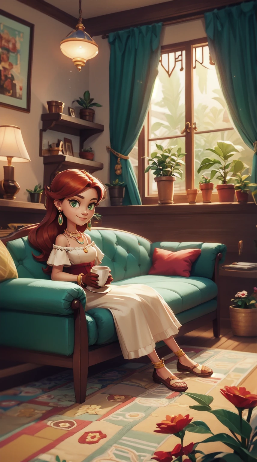 Concept Art,character illustration of a,European and American cartoons,(whole body:1.5),Mid-Long View,carpet,(Looking at the camera),shoe,一个20岁的金发女生happy的sit在living room,Holding a cup of coffee,happy,A laid-back expression,Relax,Leisure,European and American cartoons,1 Girl,freckle,Solitary,Jewelry,Green Eyes,Weaving,earrings,twin Weavings,necklace,Looking at the audience,Red hair,plant,Puff sleeves,bracelet,Smile,Long hair,puffy short sleeve,Necklace,dress,flower,Coffee cup,Gloves,earrings,Jewelry,肘部Gloves,cup,sit,sofa,window,sofa,living room,solo,Looking at the camera,Look at the audience,