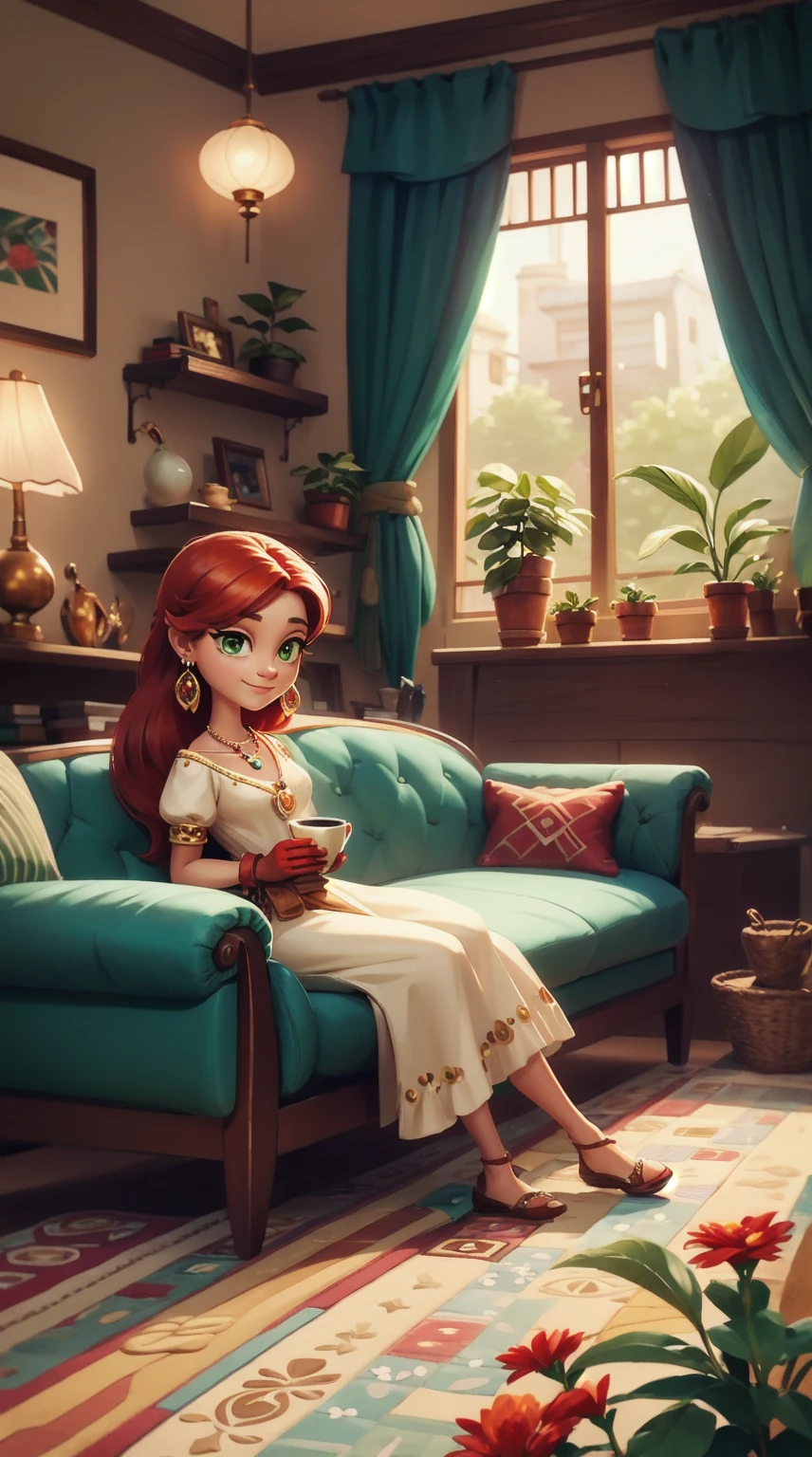 Concept Art,character illustration of a,European and American cartoons,(whole body:1.5),Mid-Long View,carpet,(Looking at the camera),shoe,一个20岁的金发女生happy的sit在living room,Holding a cup of coffee,happy,A laid-back expression,Relax,Leisure,European and American cartoons,1 Girl,freckle,Solitary,Jewelry,Green Eyes,Weaving,earrings,twin Weavings,necklace,Looking at the audience,Red hair,plant,Puff sleeves,bracelet,Smile,Long hair,puffy short sleeve,Necklace,dress,flower,Coffee cup,Gloves,earrings,Jewelry,肘部Gloves,cup,sit,sofa,window,sofa,living room,solo,Looking at the camera,Look at the audience,